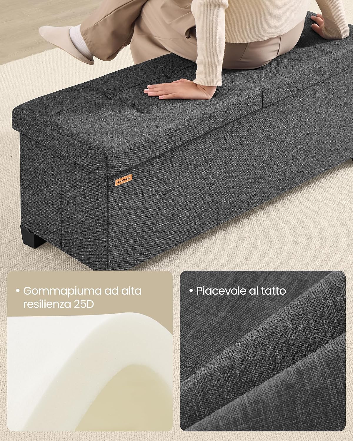 Thumbnail 5 de SONGMICS Cassapanca con Gambe LSF079GN01 – Pouf Contenitore in Tessuto effetto lino, 110 cm, Grigio Ardesia