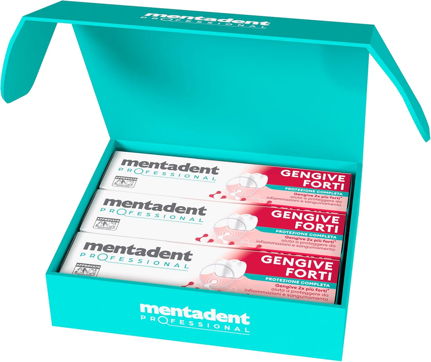 Detalle de Mentadent Dentifricio Gengive Forti Protezione Completa – 3x75 ml con Pochette Omaggio
