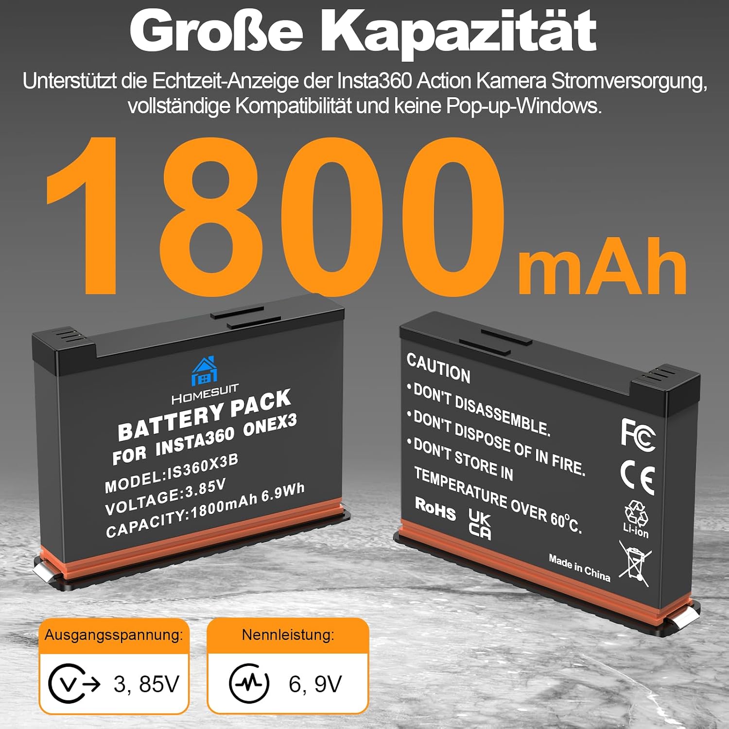 Thumbnail 2 de Homesuit Insta 360 X3 Akku 1800mAh – Zweier-Pack mit USB-Ladegerät
