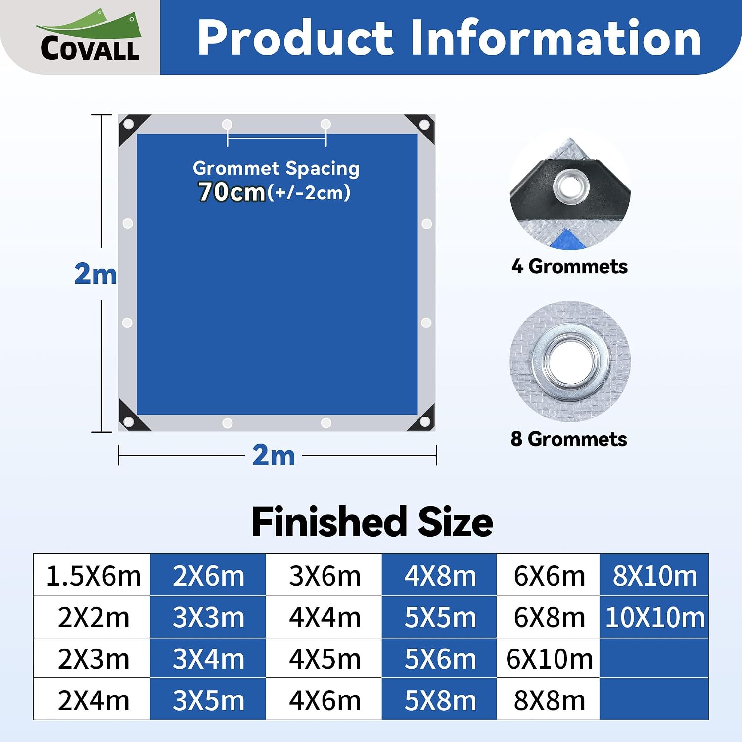 Detalle de Covall Tarpaulin 2m x 2m Waterproof Tarp – Groundsheet, Double-Sided UV-Resistant
