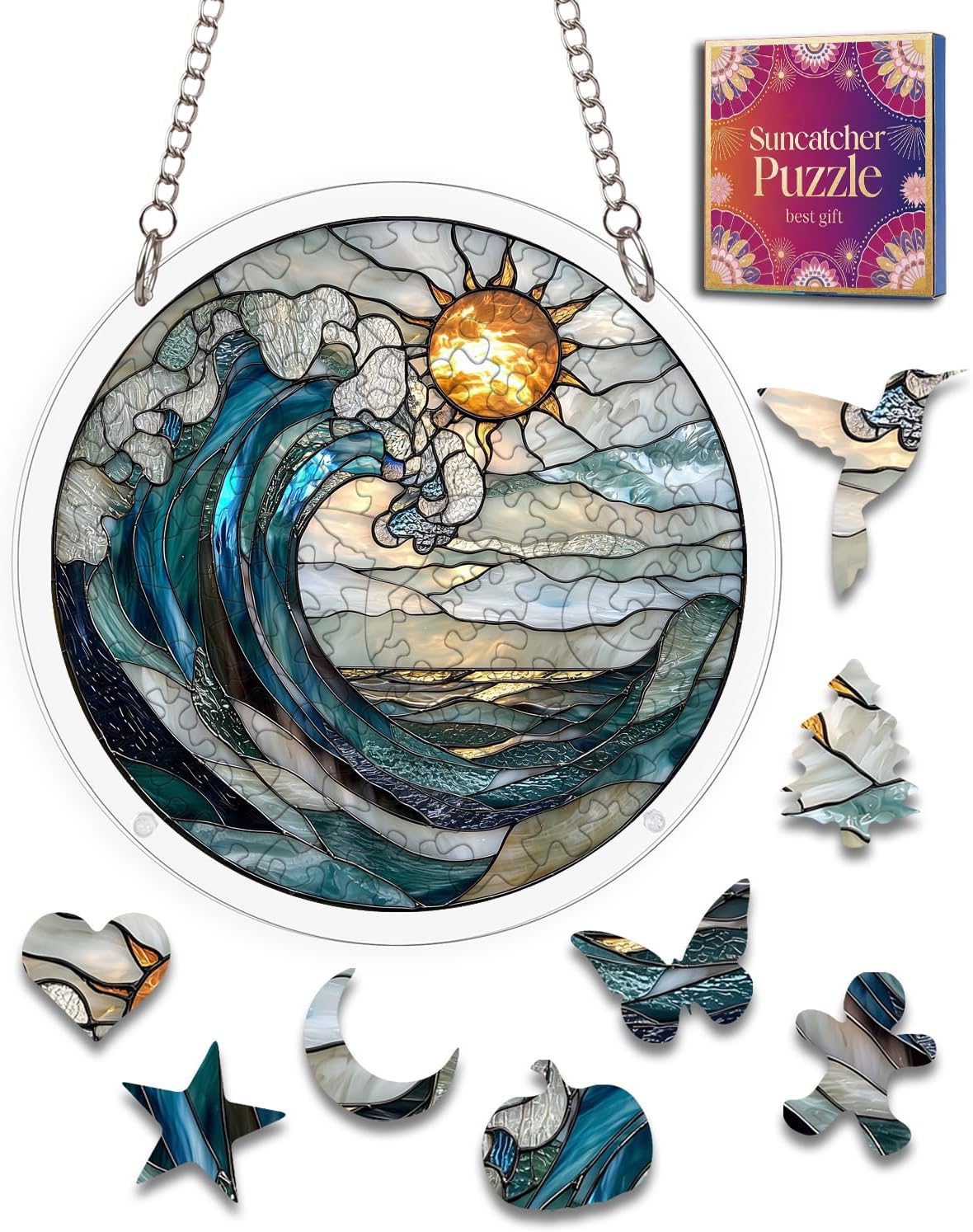Detalle de HWRHTR Ocean Wave Sun Acrylic Puzzle Suncatcher, 80 Pieces, 6.3-Inch