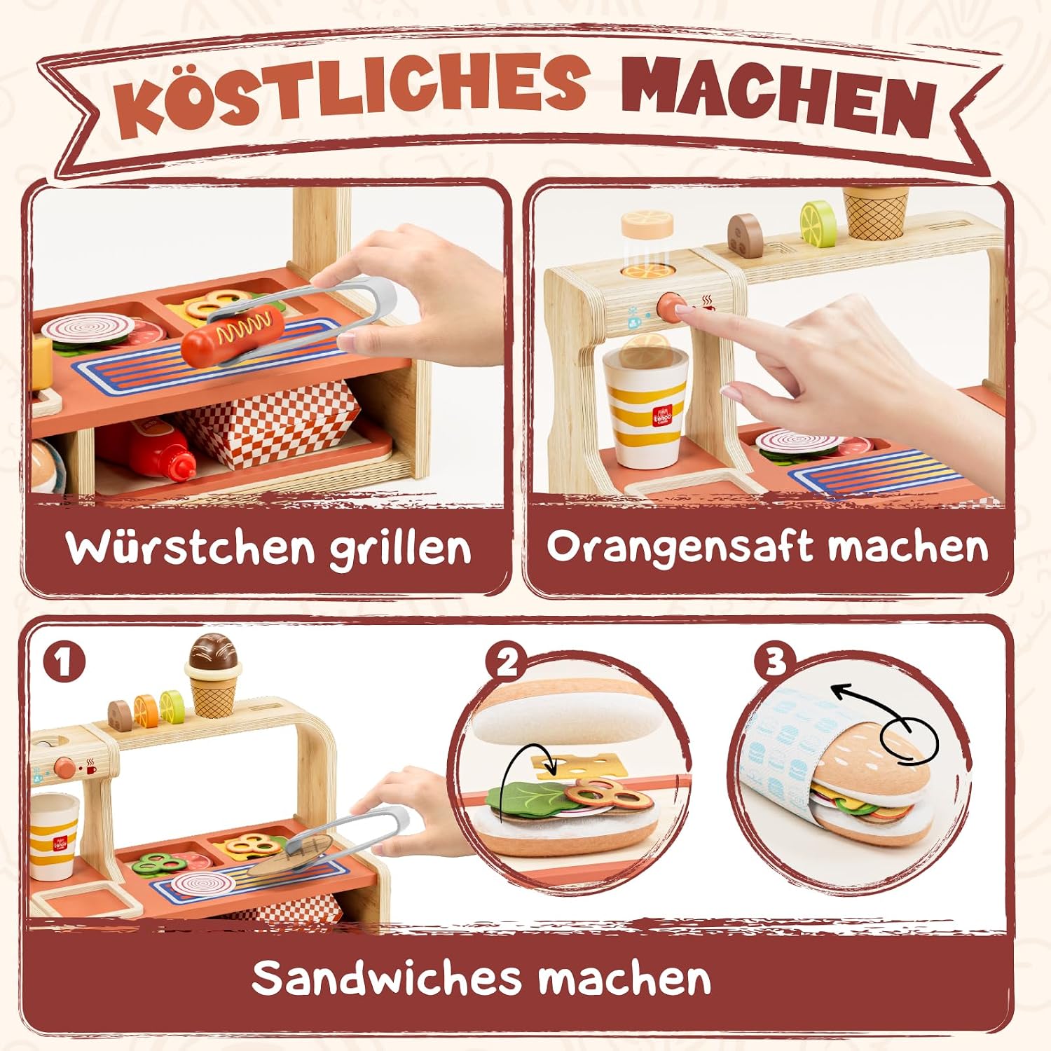 Detalle de Lehoo Castle Holz-Kaufladen-Zubehör: Burgermarkt-Set für Spielküche – Holzspielzeug ab 3 Jahren