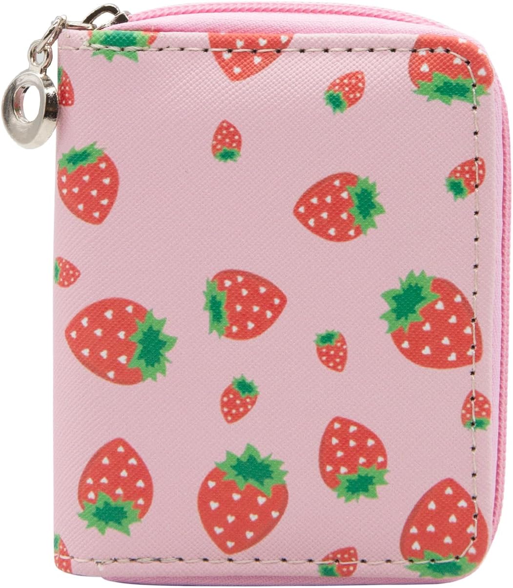 Detalle de LJCZKA Credit Card Holder with Zipper - Strawberry Cute Leather Wallet for Women (Pink)