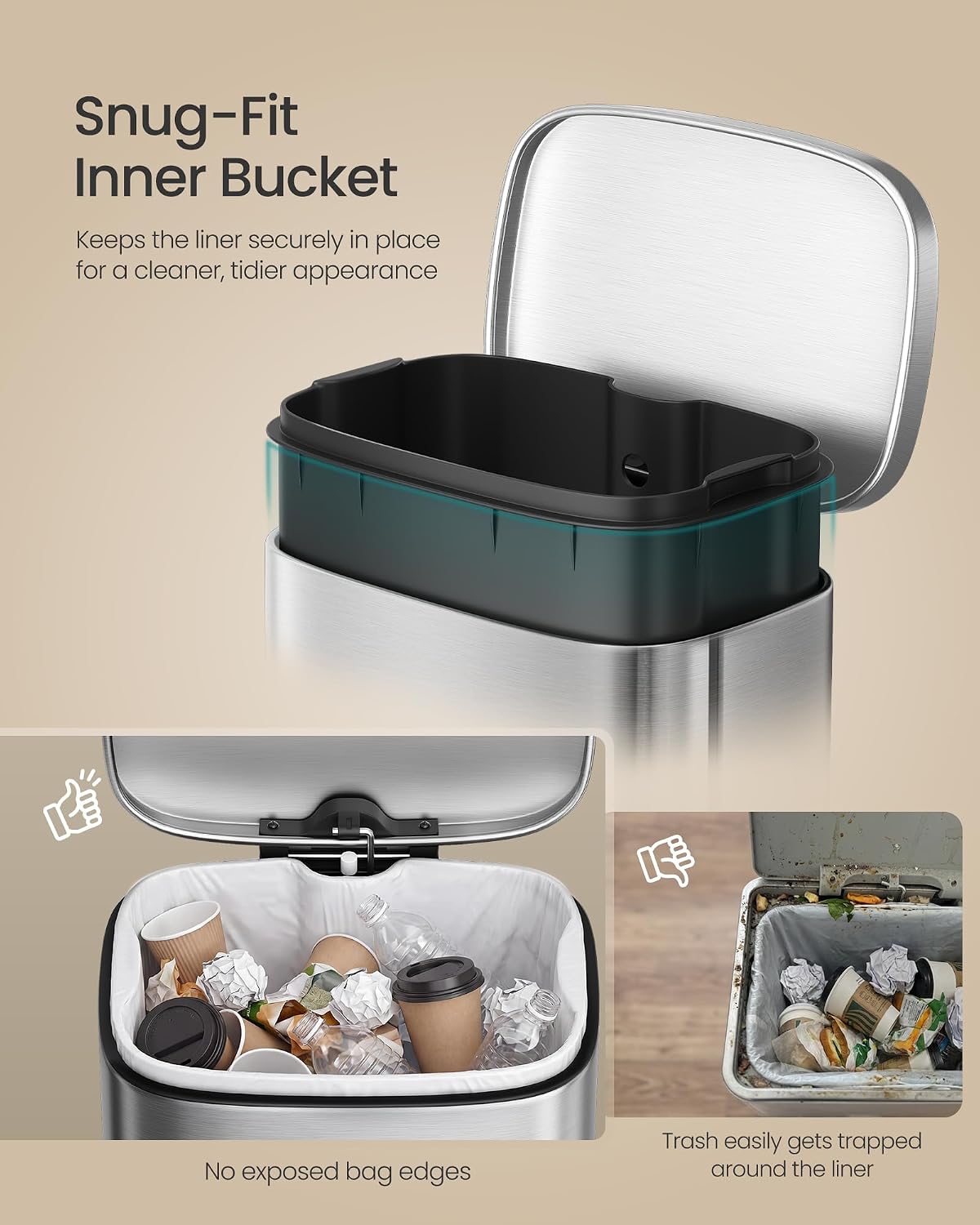 Detalle 2 de SONGMICS LTB050E01 50 L kitchen pedal bin with soft close lid and inner bucket