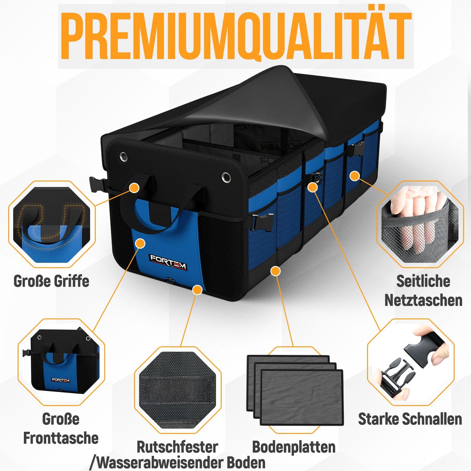 Detalle de FORTEM Kofferraum Organizer (blau, extragroß) – zusammenklappbare Kofferraumtasche mit Fächern