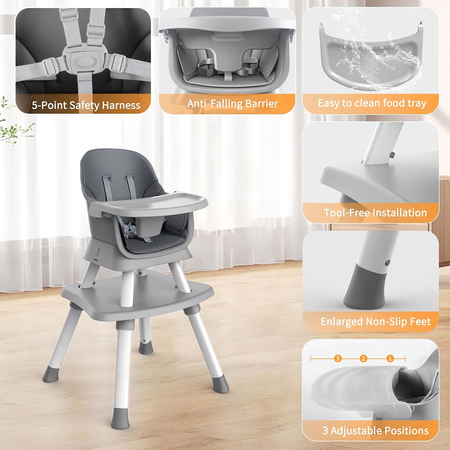 Detalle 2 de MiniKins 7-in-1 Convertible High Chair with Removable Tray, Gray