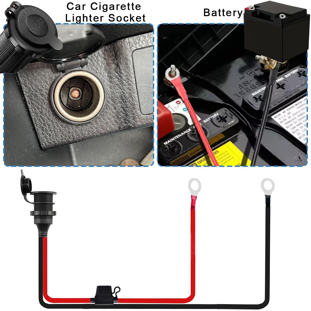 Thumbnail 5 de Xiatiaosann Car Cigarette Lighter Socket to O Ring Terminal Cable with 20A Fuse (12V/24V, 14AWG) for 8mm Eyelet Terminals