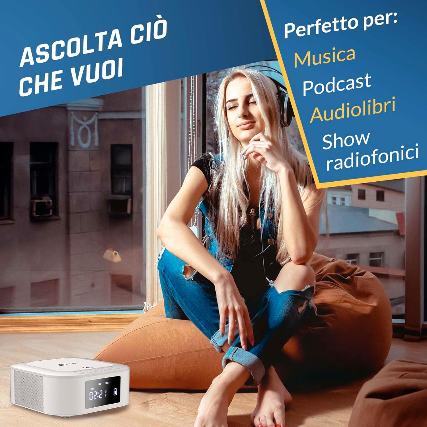 Detalle de KLIM Lettore CD Stereo Boombox E1 - BASS Boost con Subwoofer, Bluetooth, USB e Lettore CD
