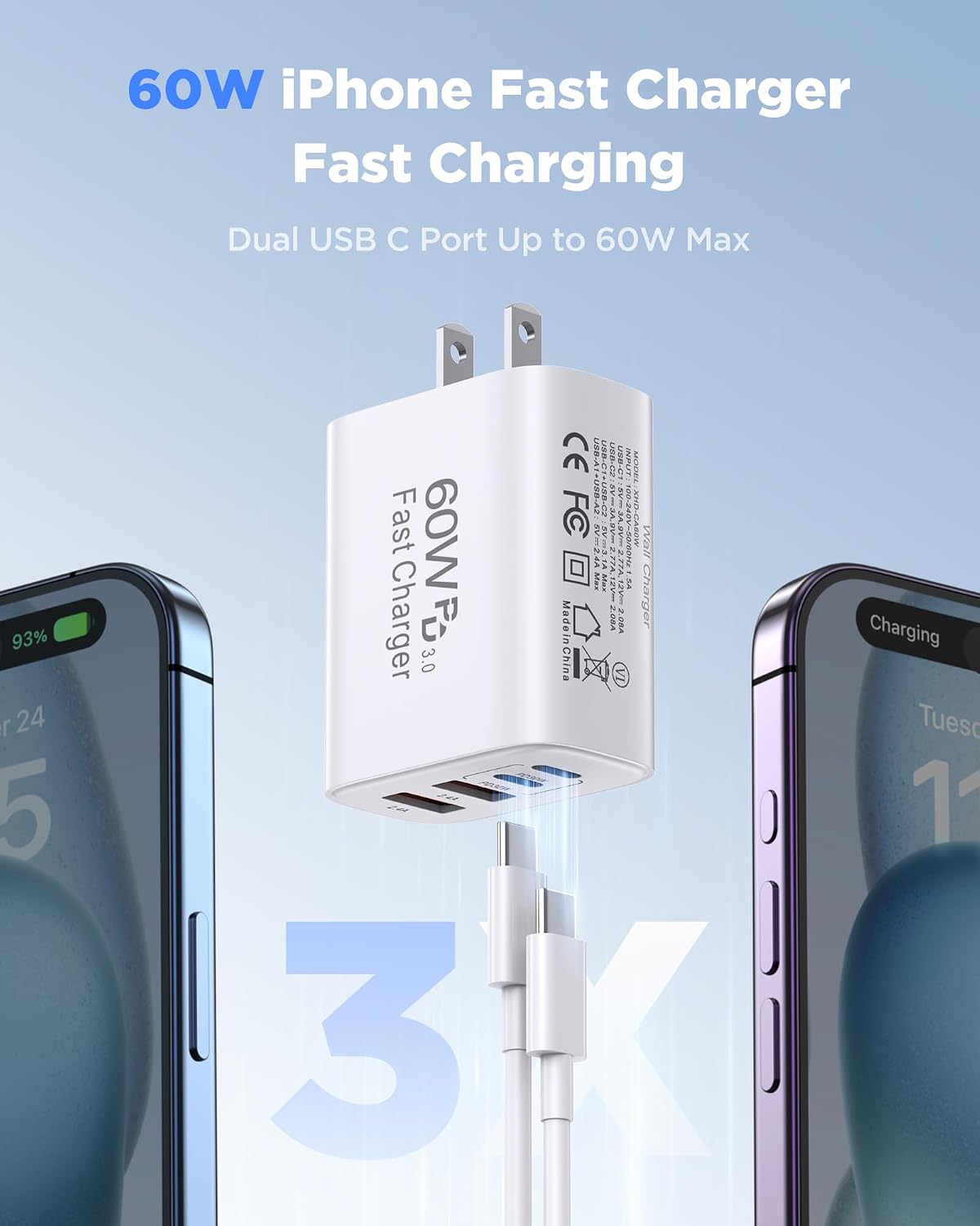 Detalle 2 de 60W USB C Charger, 2-Pack with 10FT Cables — Fast 4-Port Charging Block for iPhone 17 Pro Max and More