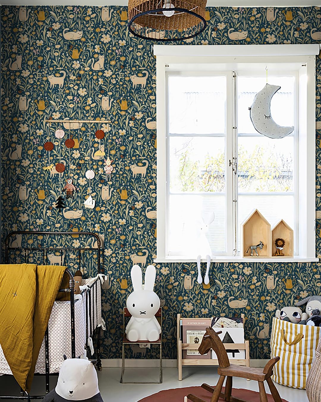 Detalle 2 de CiCiwind zelfklevend behang 41 × 300 cm, blauw vinyl met katten en bloemen