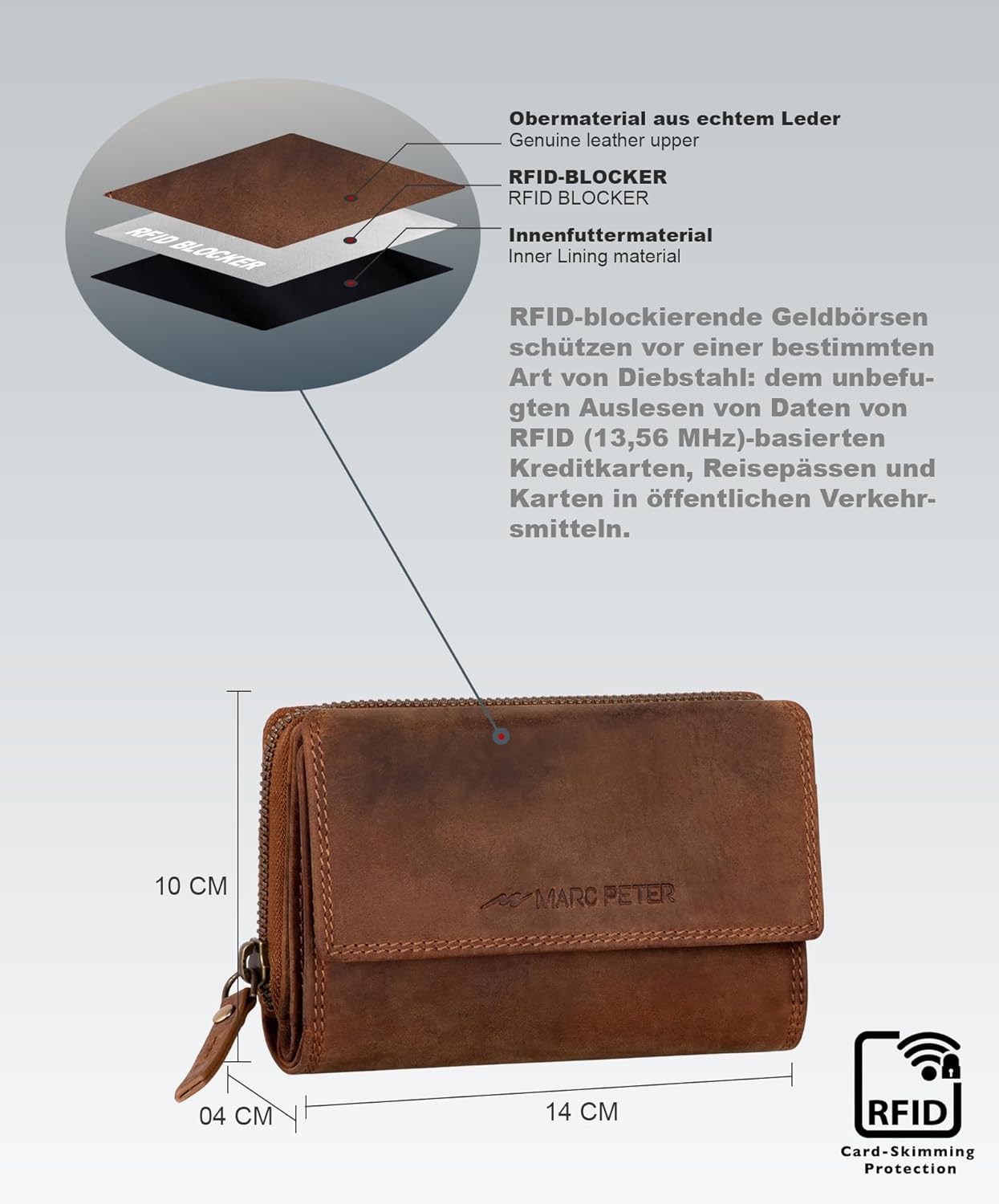 Thumbnail 6 de Marc Peter® Rosie Damen Geldbeutel Leder RFID – Großes Vintage-Ledergeldbörse mit Reißverschluss