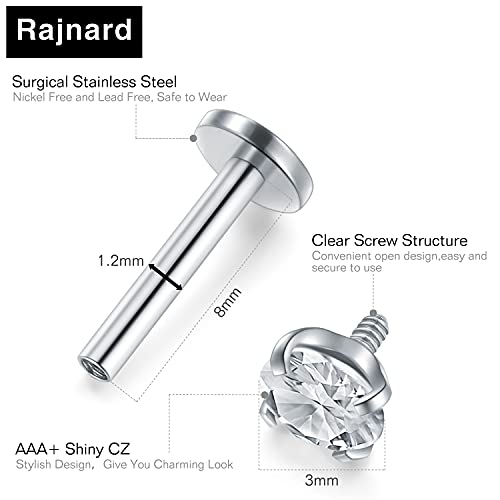 Detalle 2 de Rajnard 16er-Tragus & Helix Piercing Set – Chirurgenstahl Silber, 16G CZ Barbell & Labret Monroe