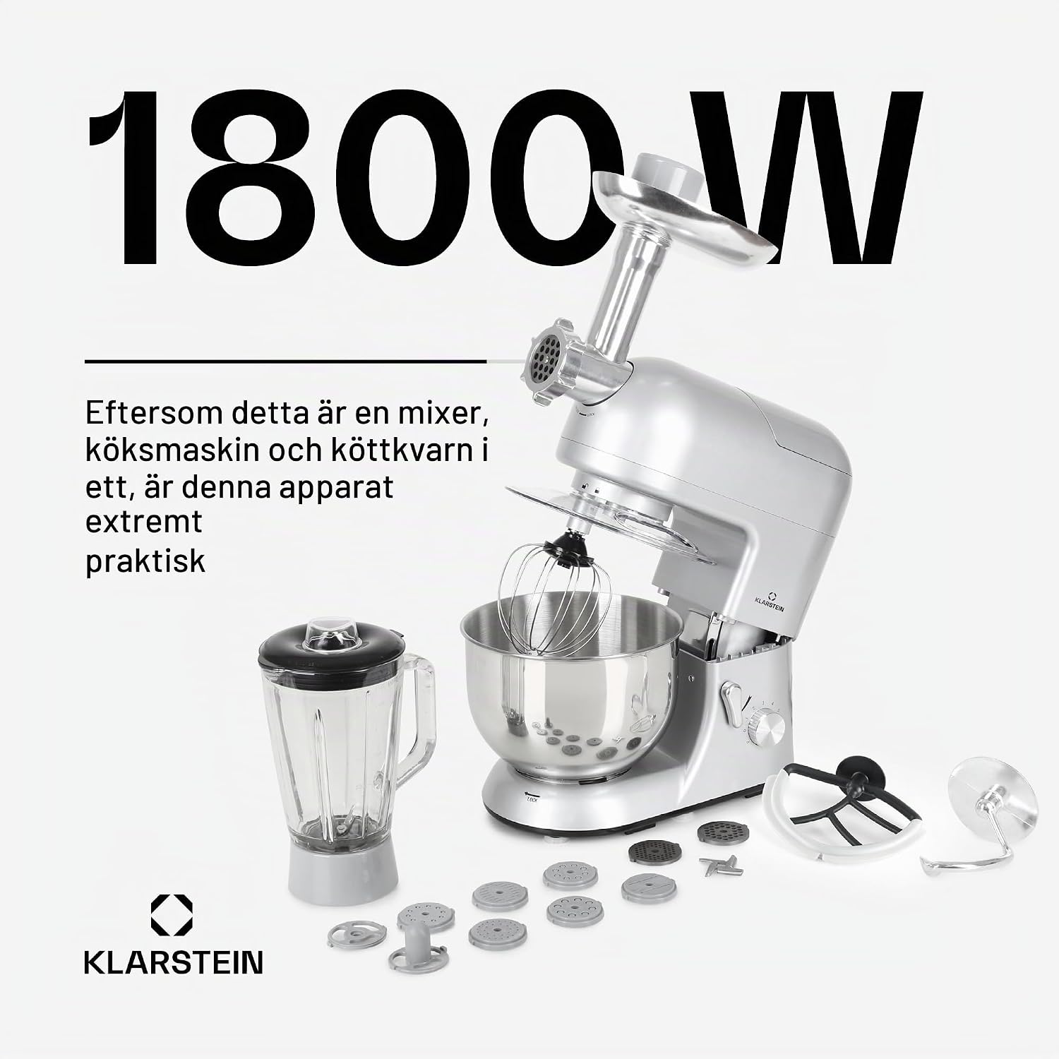 Detalle de Klarstein Lucia Argentea matberedare, 1800 W, 5 l, köttkvarn och mixer