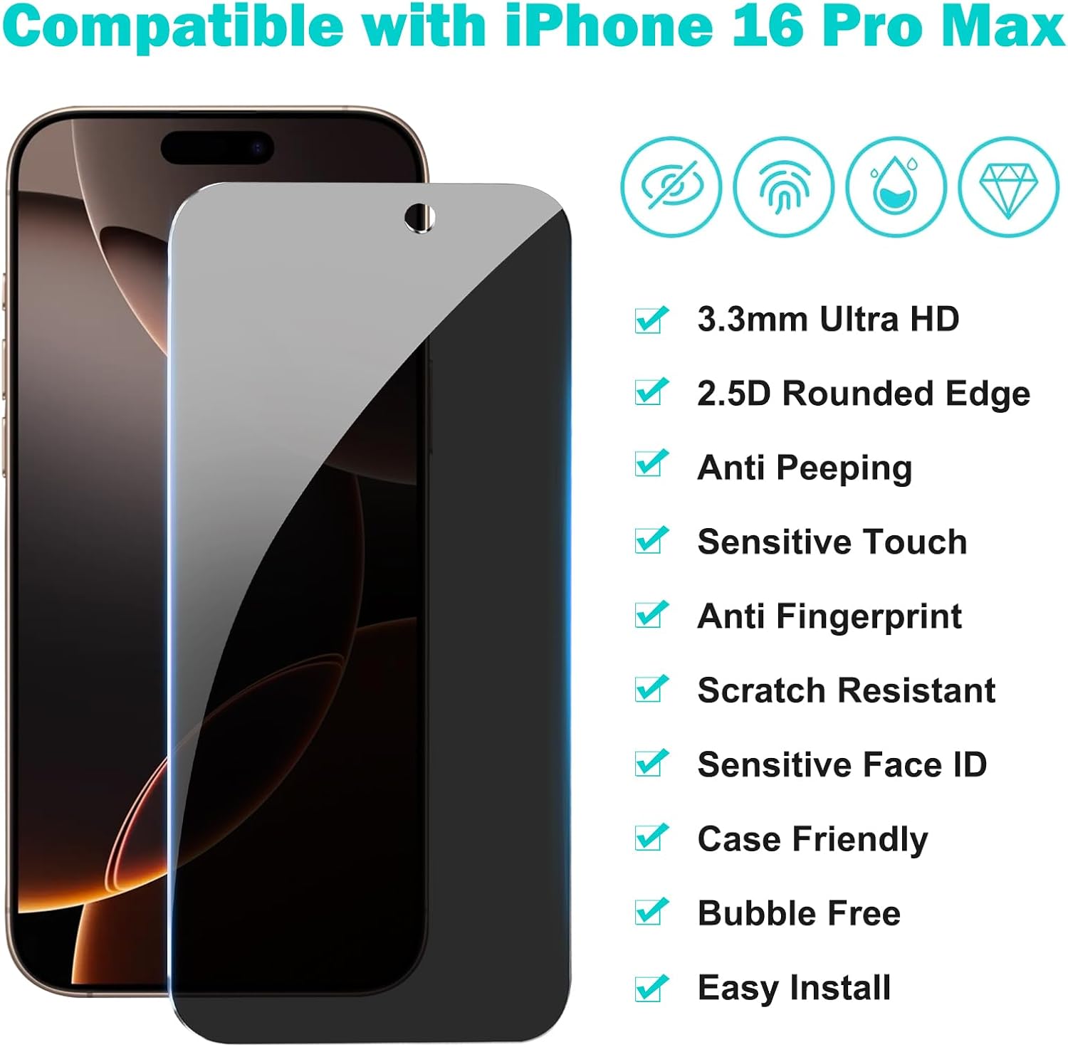 Detalle 2 de PEHAEL 3+3Pack Privacy Screen for iPhone 16 Pro Max