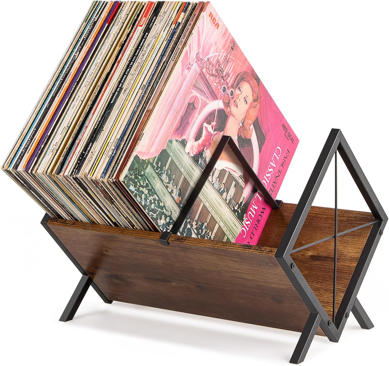 Detalle de PUERSI Vinyl Record Storage Rack (Brown) – 80 LP Record Holder with Adjustable Divider