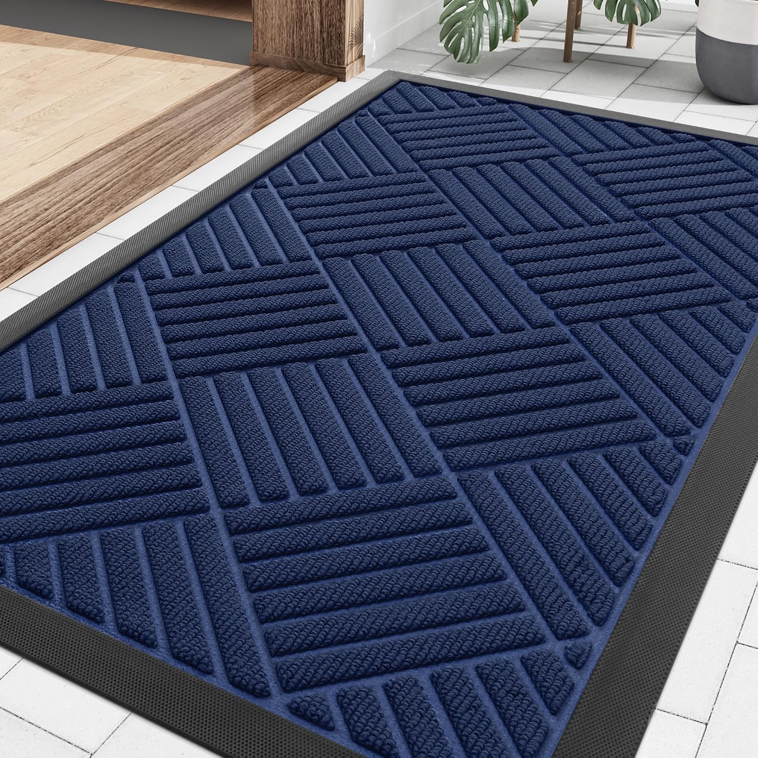 Detalle de Smiry 29.5 x 17-Inch Navy Blue Front Door Mat with Rubber Backing