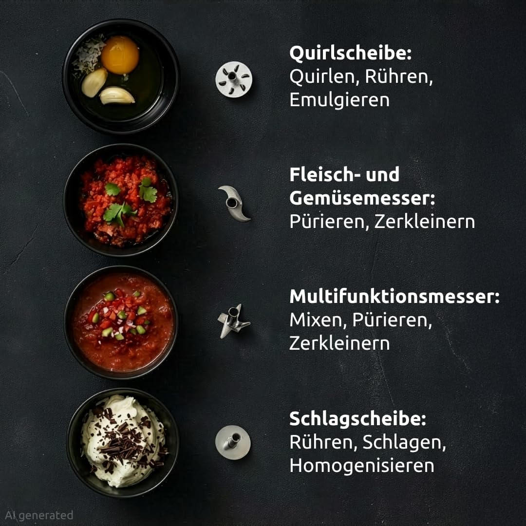 Thumbnail 6 de bamix Stabmixer Set M350 MAXX (300 Watt) mit Multifunktions-, Fleisch- & Gemüsemesser, Quirl und Schlagscheibe – Weiß/Chrom