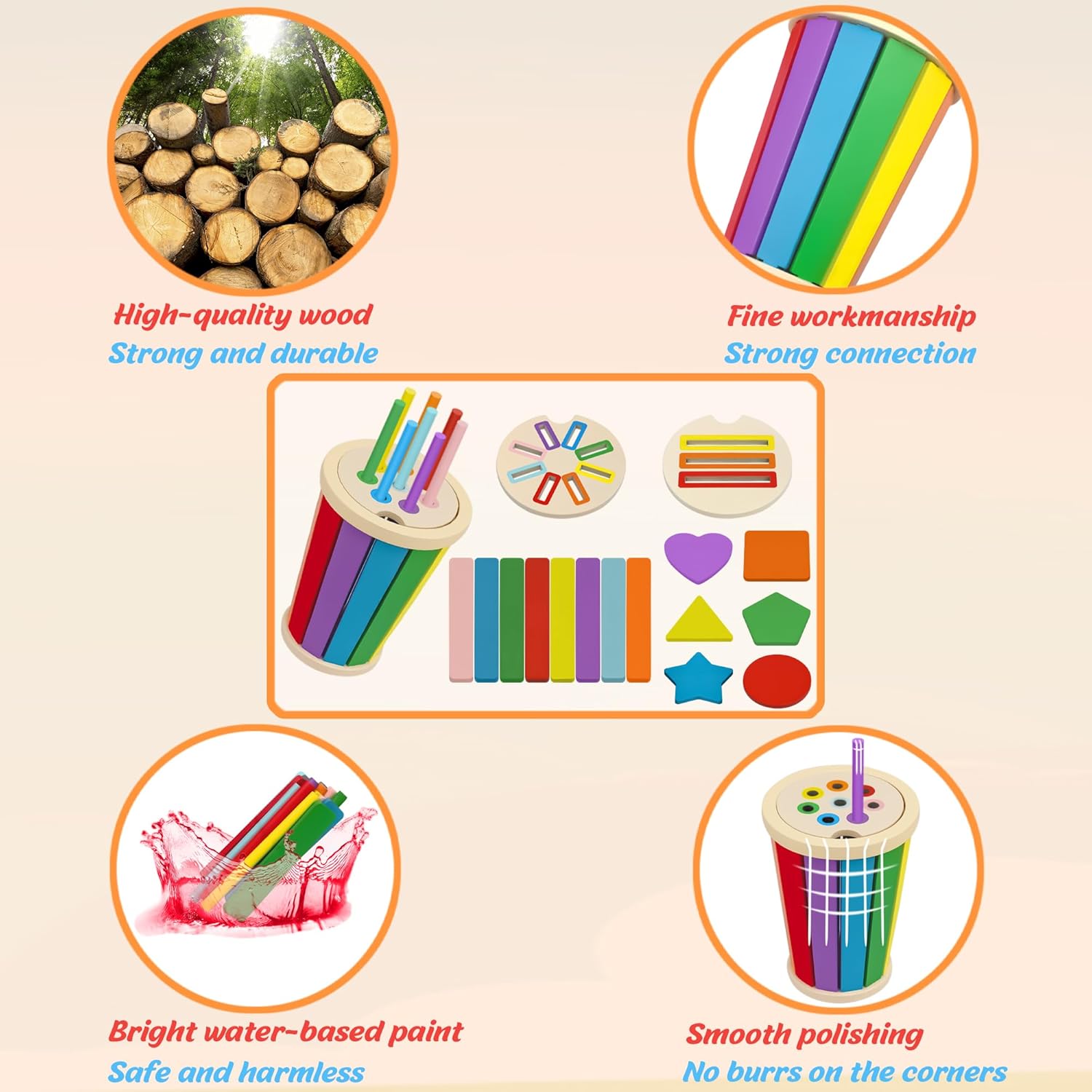Detalle de Montessori Giocattoli 3 in 1 da 1 Anno: legno naturale, colori vivaci e sviluppo motorio