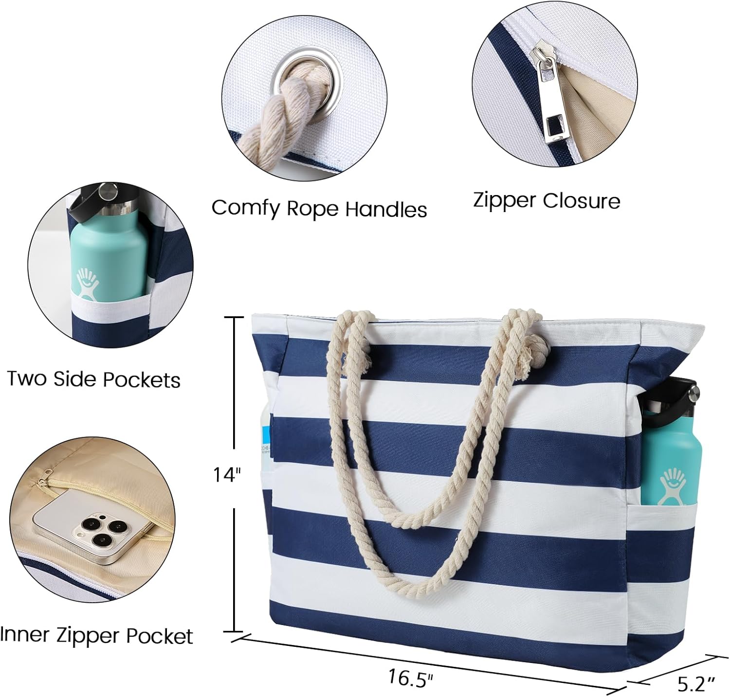 Detalle de WORPICE Beach Bag - Large Zippered Bag with Adjustable Rope Handle
