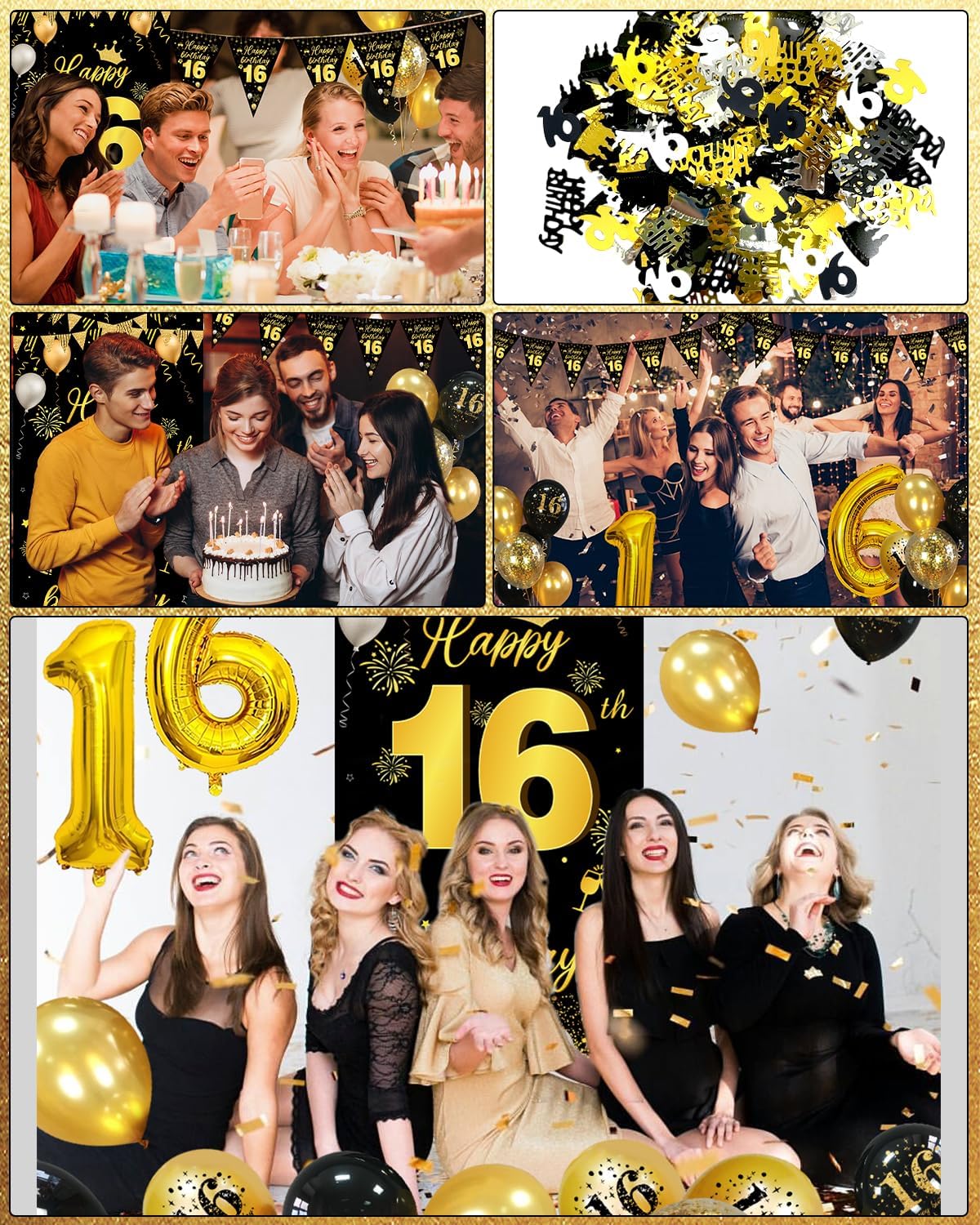 Thumbnail 5 de 16th Birthday Decorations Black & Gold Kit with Balloons, Banner and Triangle Flag Bunting