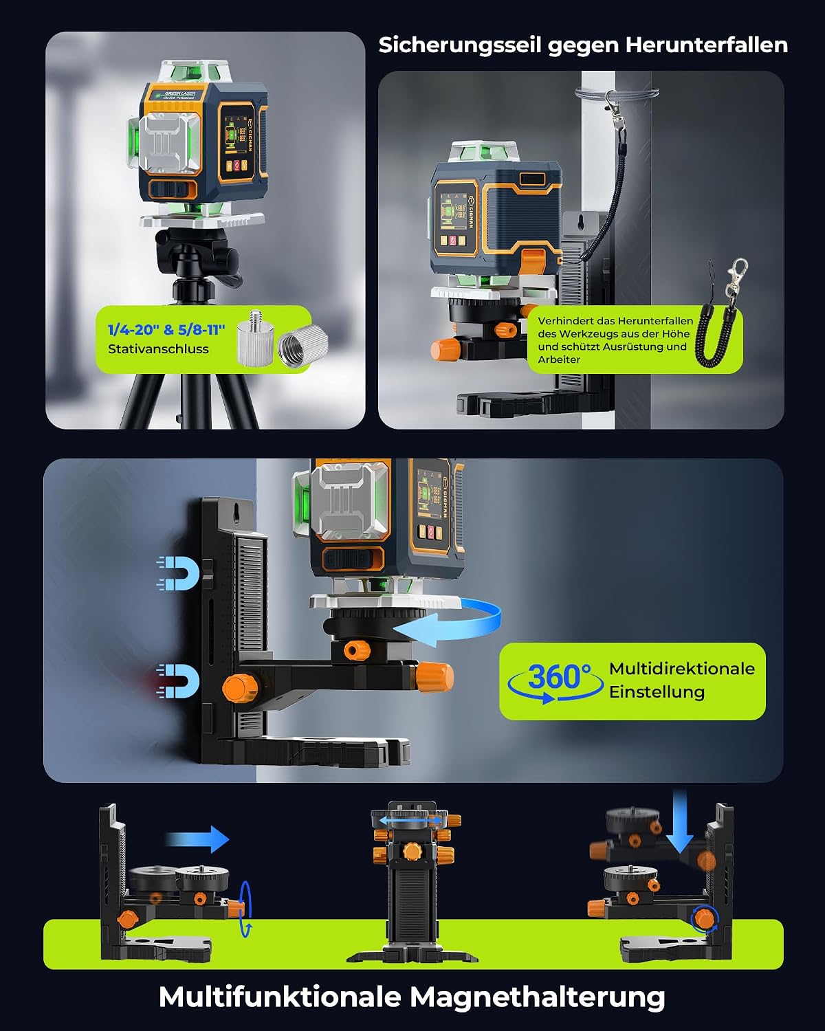 Detalle de CIGMAN Kreuzlinienlaser CM-S04 (grün) mit App-Steuerung – selbstnivellierend, 4×360° und LCD-Display