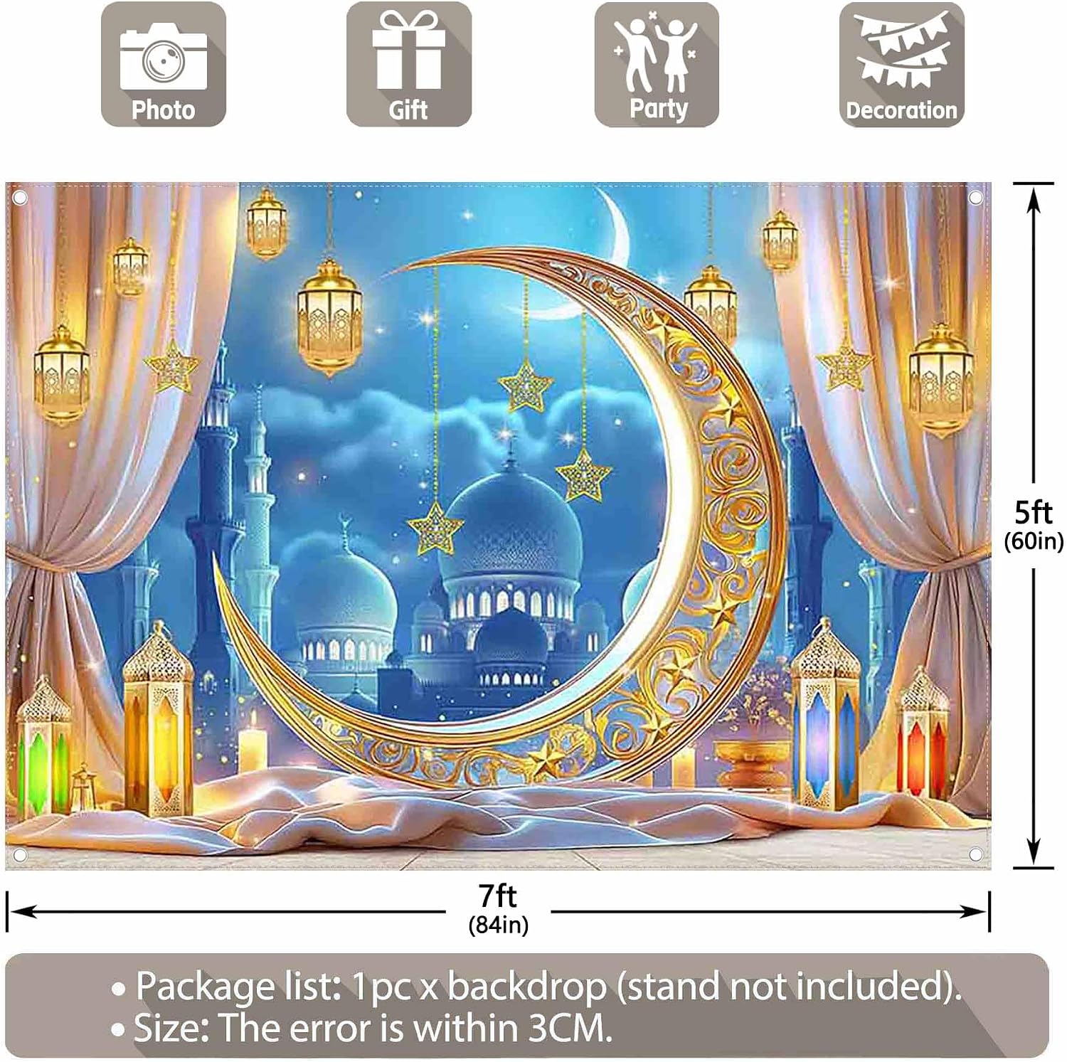 Thumbnail 2 de Luminora 7x5ft Fabric Ramadan Mubarak Backdrop – Blue & Gold Moon Night Lanterns (Polyester)
