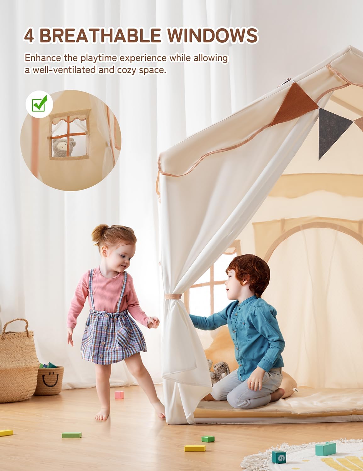 Detalle de Besrey Kids Play Tent 2 in 1 with Padded Mat and Lights (Large Indoor/Outdoor Playhouse) — Double-Door Toddler Tent