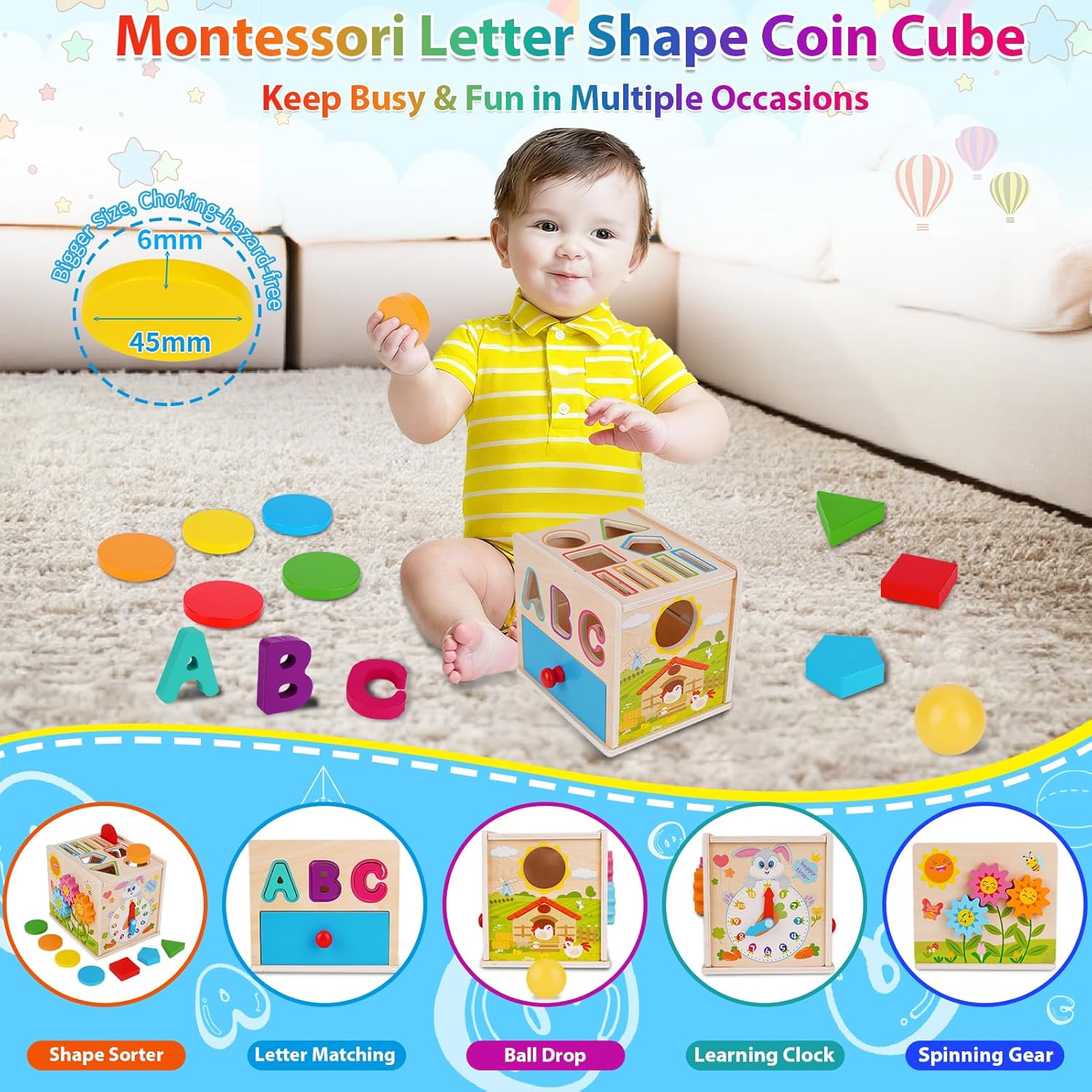 Detalle de FCSONU Jouet Montessori Bois 1–3 Ans – 13 blocs colorés et tiroir amovible