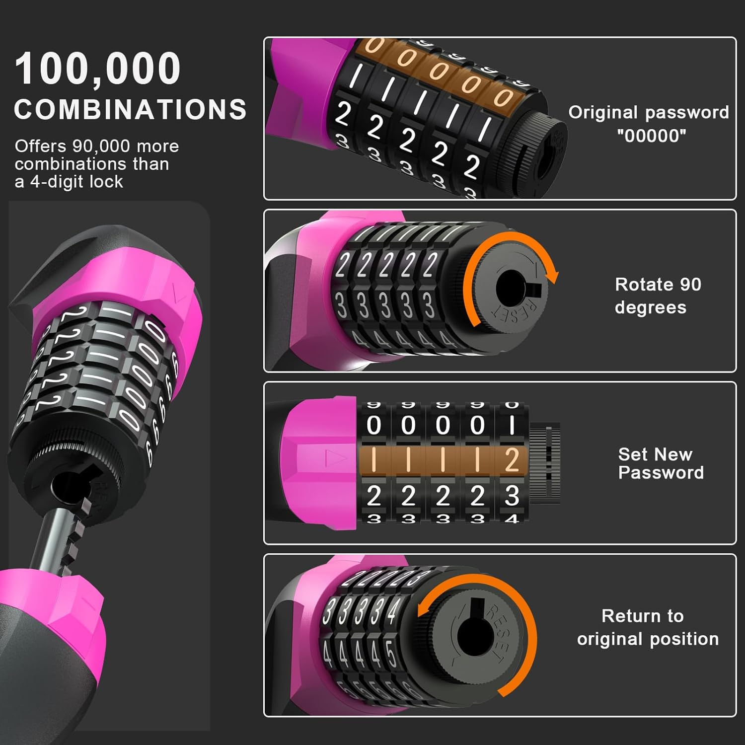 Thumbnail 6 de NextSeal E-Scooter Schloss mit Doppel-Zahlenschloss, 5-stelligem Code und 12-mm-Kabel (105 cm)