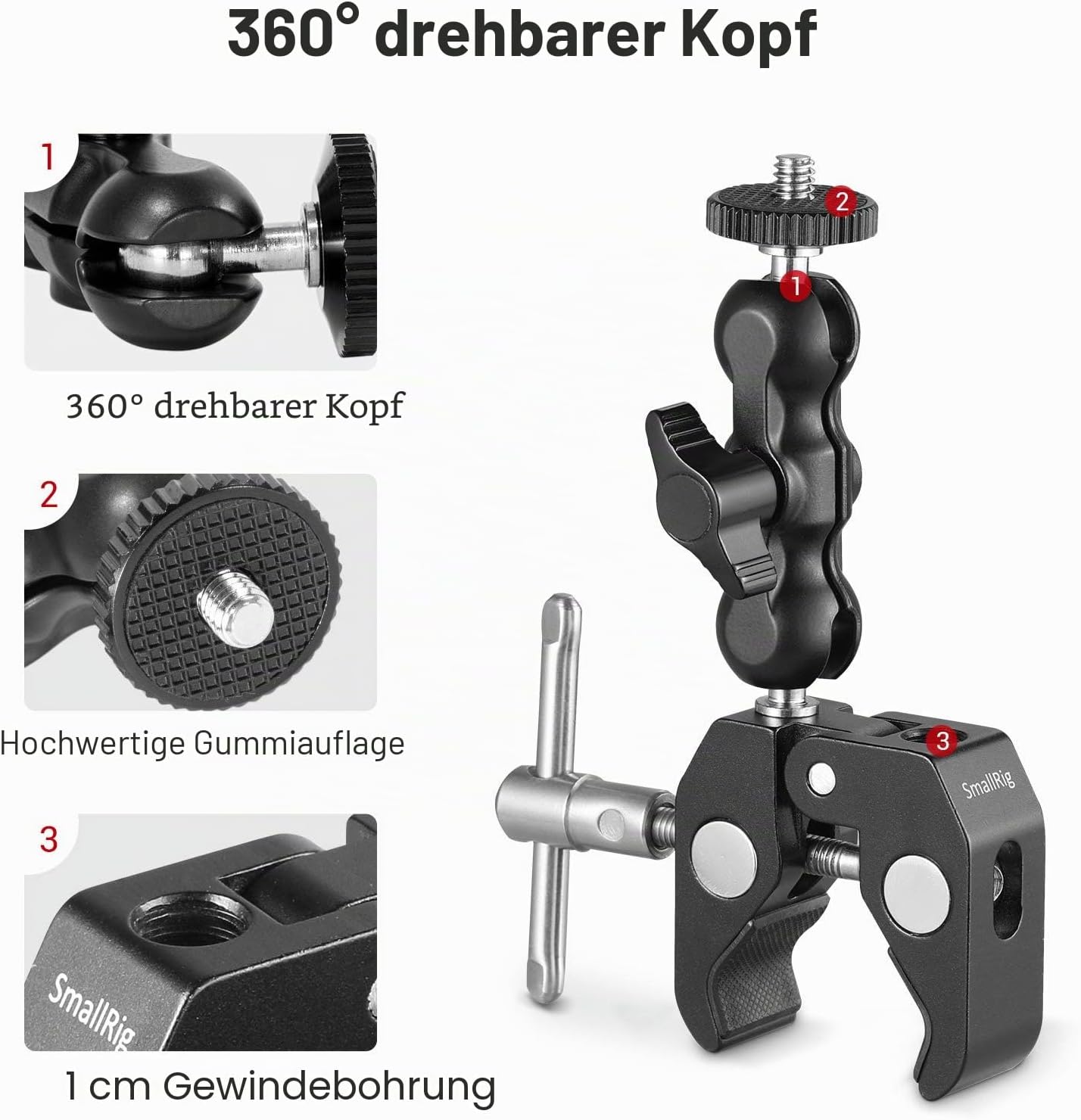Detalle de SMALLRIG Kugelkopfklemme Supper Clamp mit Ball Head und 1/4 Schraube – 2164
