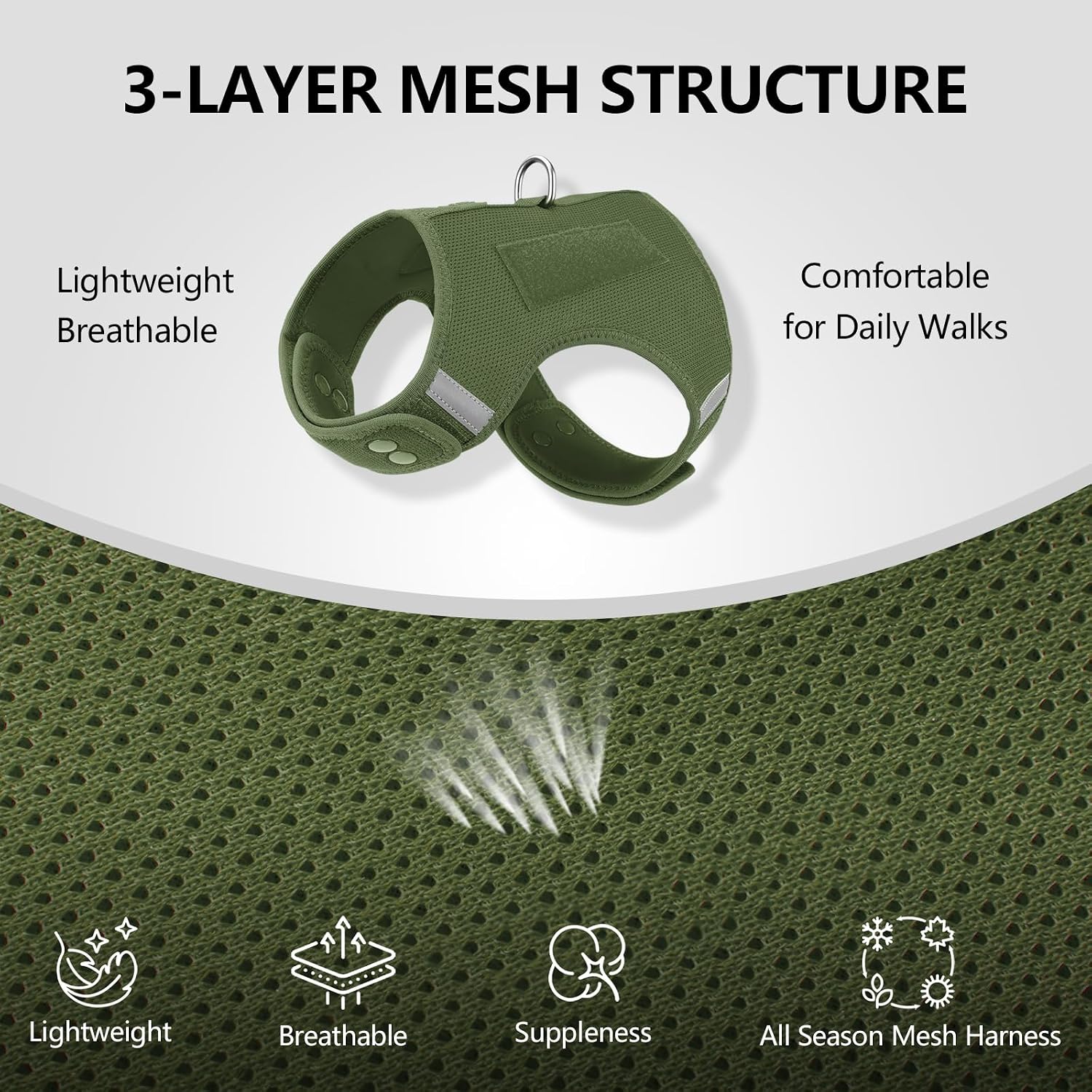 Detalle 2 de Sunraymascota Small Dog Harness with Reflective Design (Misty Green, Size S) – Adjustable, Lightweight & Breathable