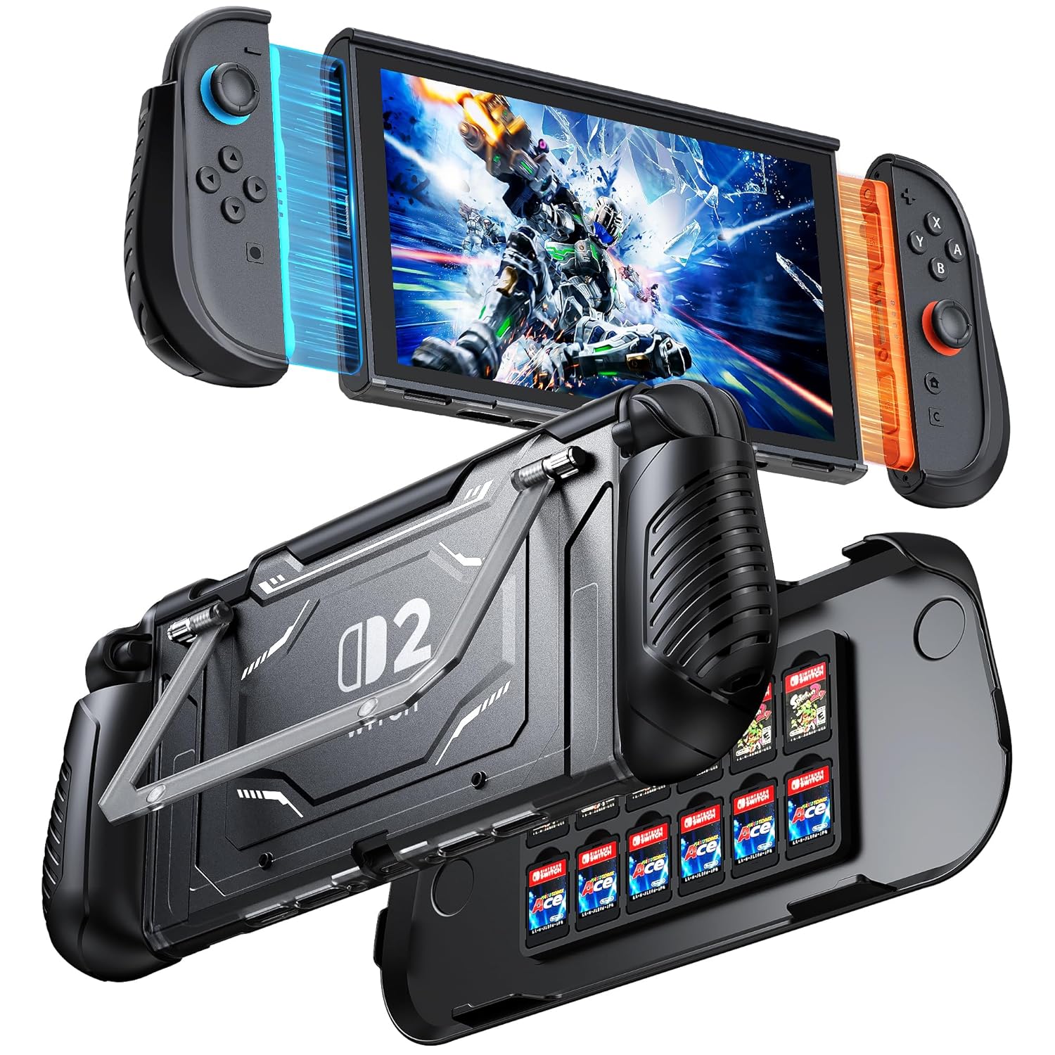 Detalle de FYOUNG Andockbare Schutzhülle für Nintendo Switch 2 – Militärischer Schutz, abnehmbarer Griff, Frontabdeckung mit 12 Kartensteckplätzen