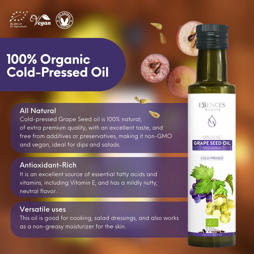 Detalle de Essences Bulgaria Bio-Traubenkernöl kaltgepresst (250 ml) – 100% naturrein, vegan