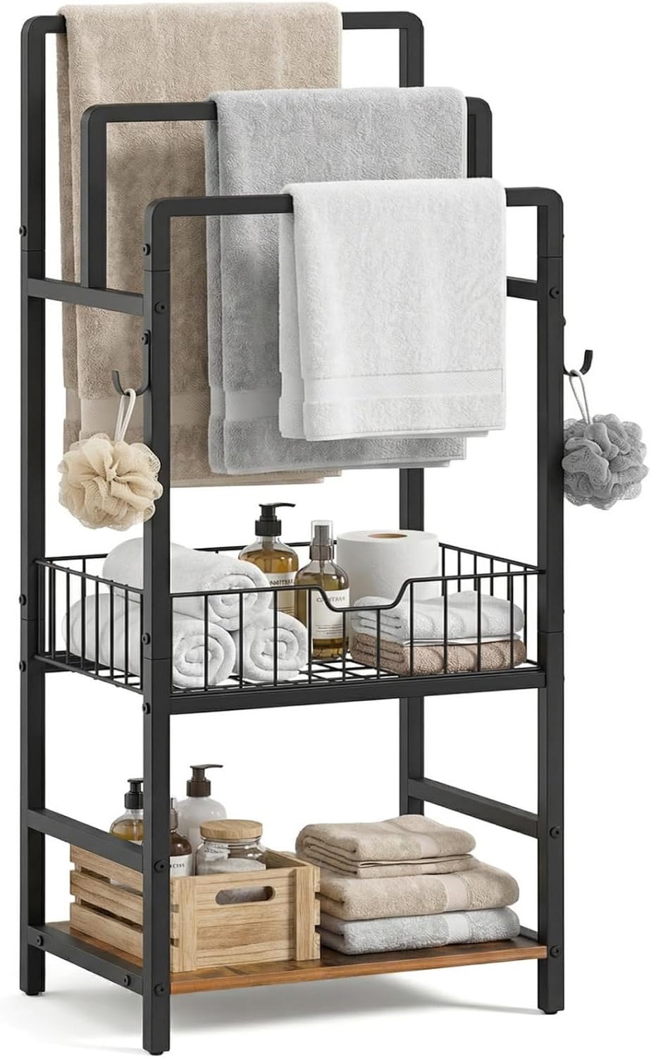 Detalle de HOOBRO BF13LB01 Towel Rack – wolnostojący wieszak z koszem, półką i 3 prętami