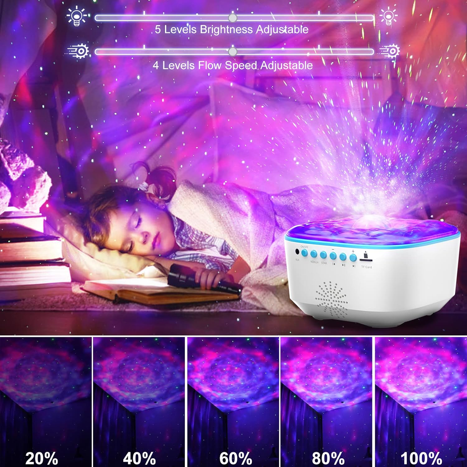 Thumbnail 4 de Bozhihong Galaxy Projector star night light with remote, timer and built-in music (white)