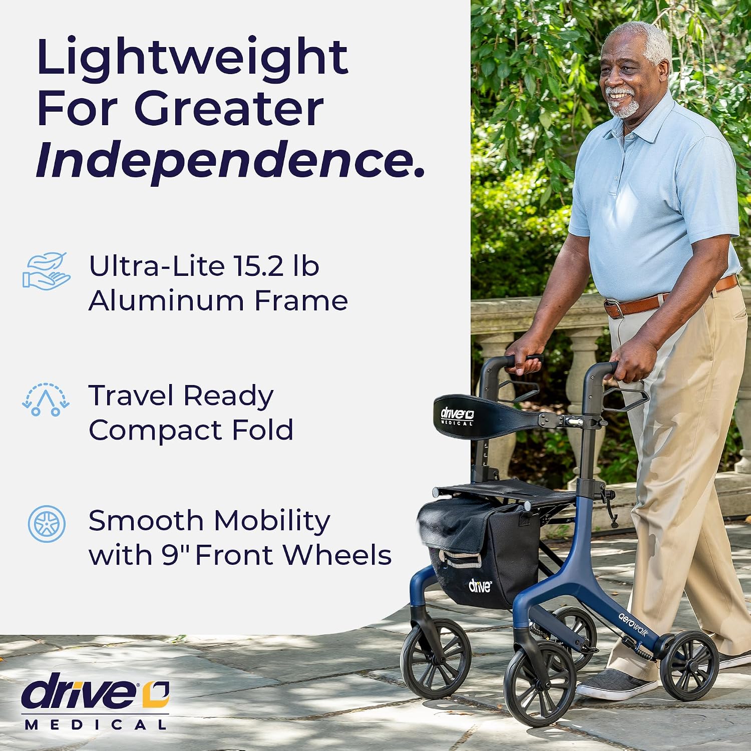 Detalle 2 de Drive Medical AeroWalk Rollator with Seat, Folding Aluminium Frame, Blue