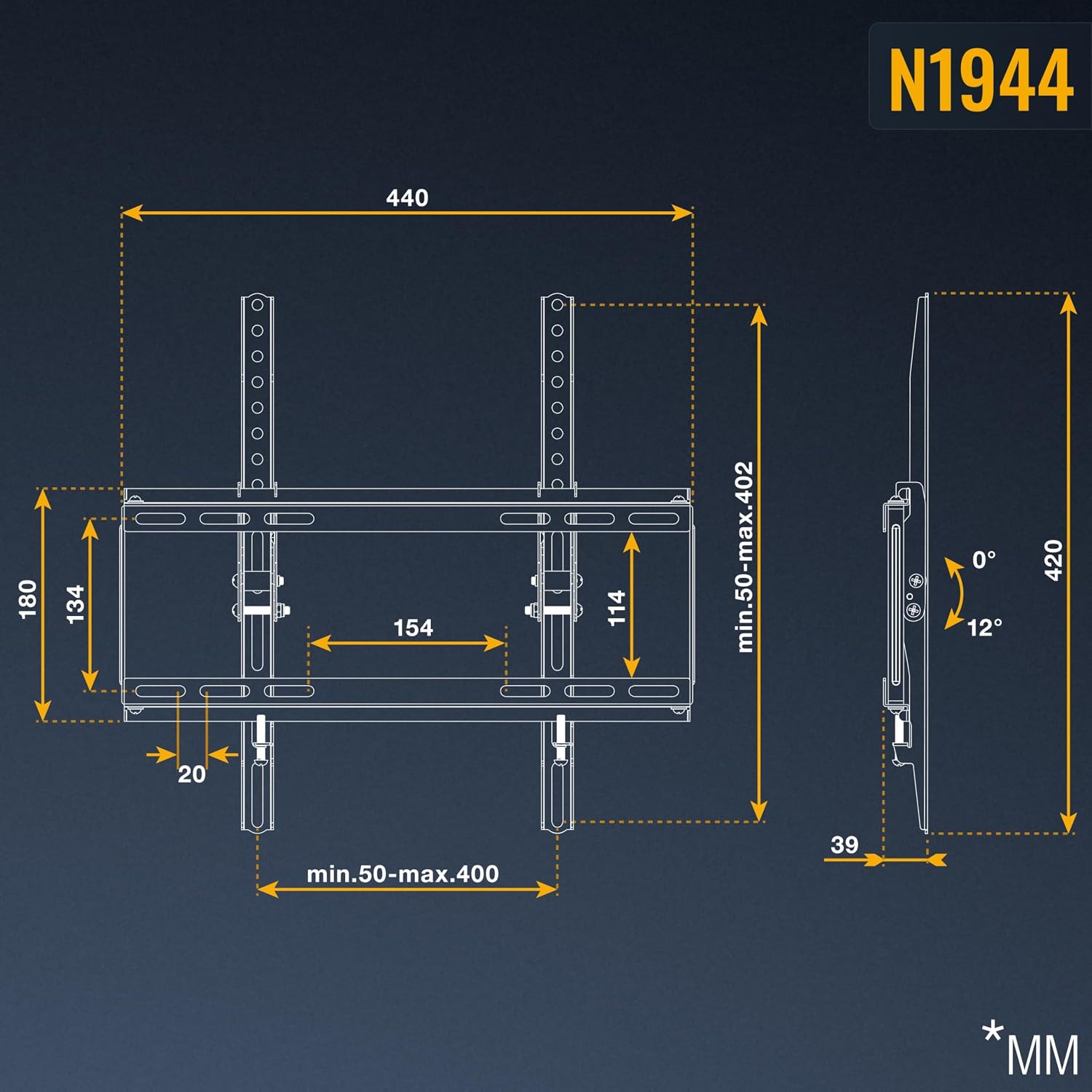 Detalle 2 de RICOO N1944 Supporto TV inclinabile 40-85 pollici 75kg