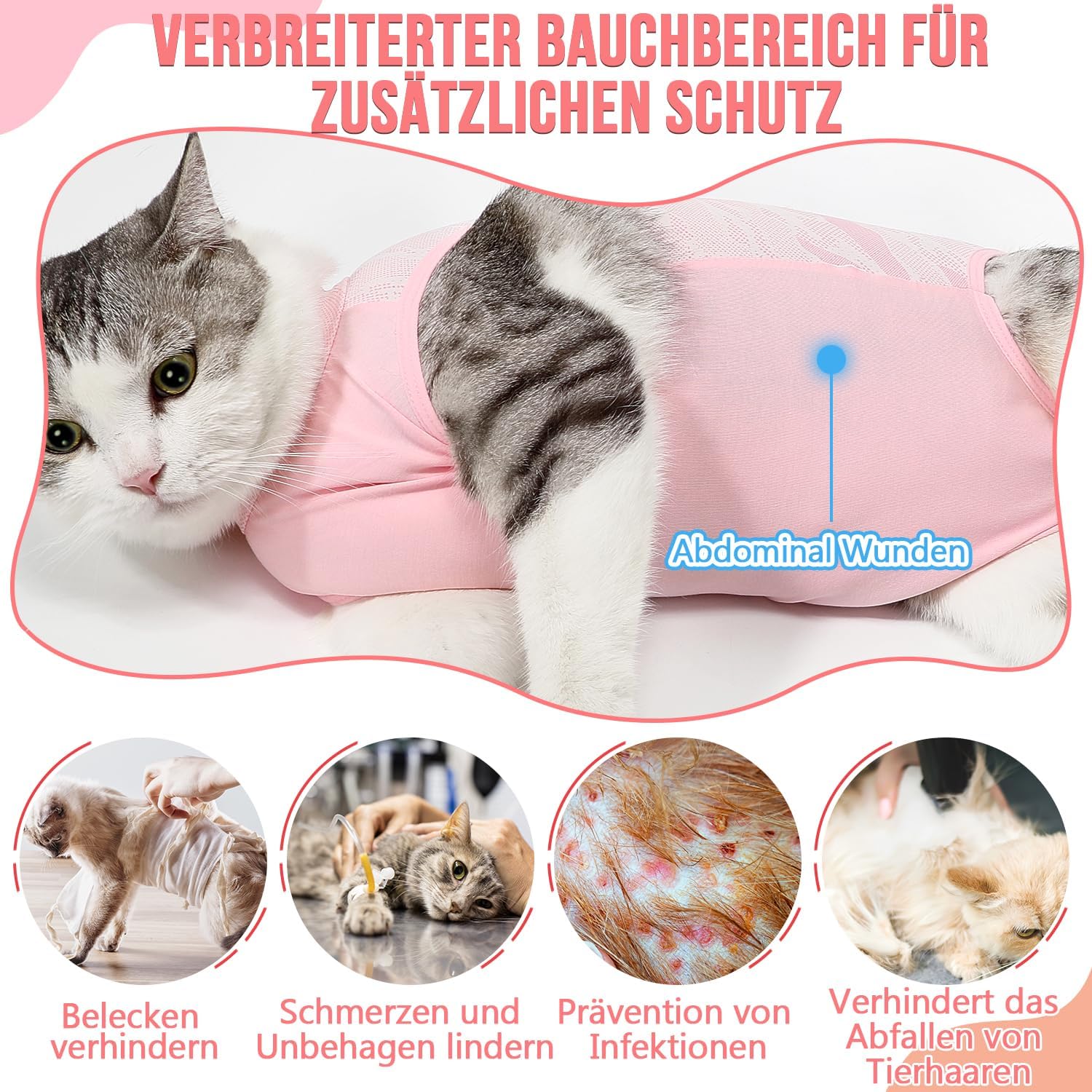 Thumbnail 4 de Eyein Katzenbody nach OP – atmungsaktiver, dehnbarer Erholungsanzug gegen Lecken & Kratzen (Hellrosa, M)