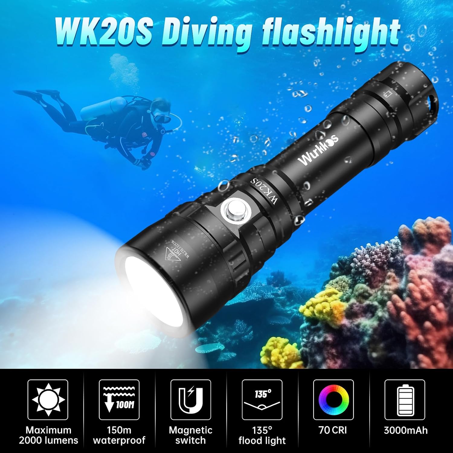 Detalle de Wurkkos GO-20 duiklamp met SST40-led en IPX8 tot 150 m
