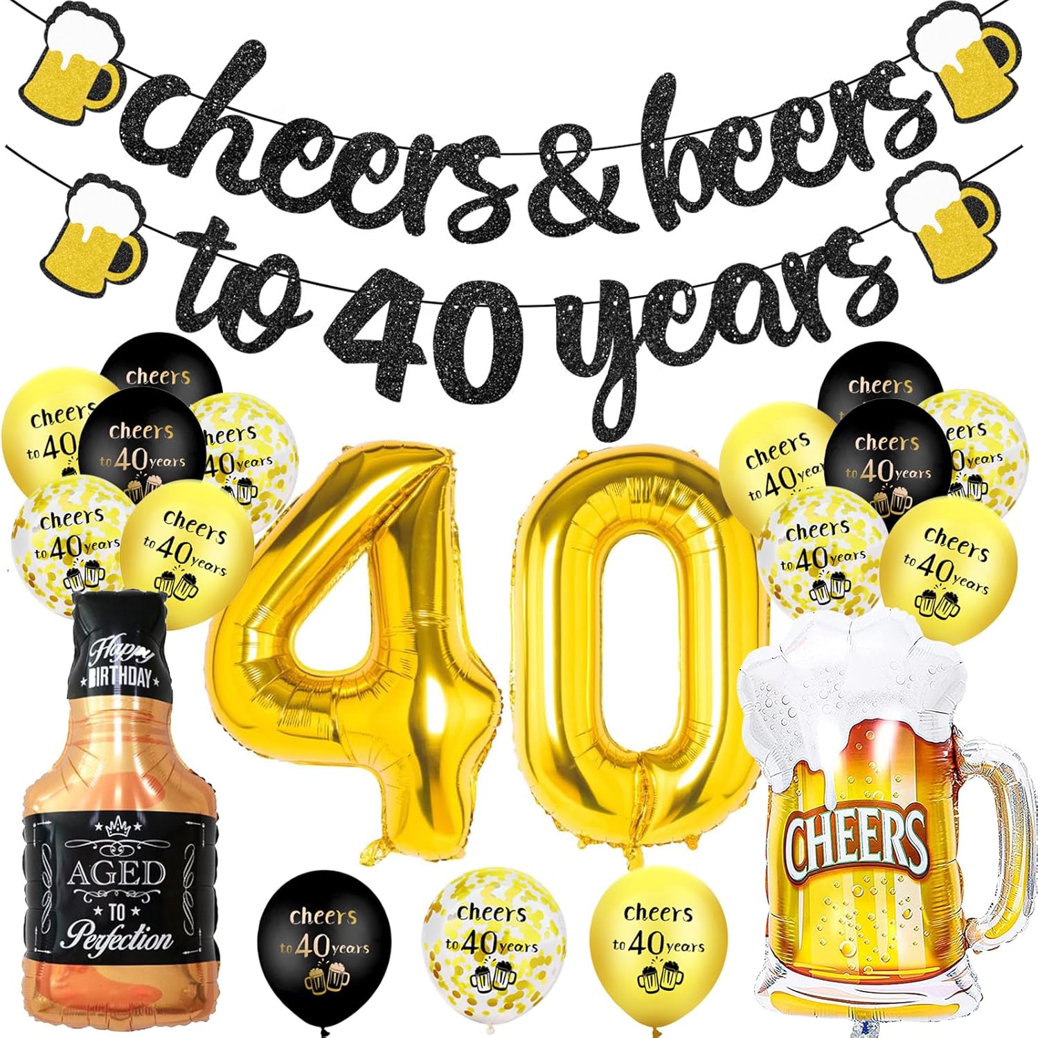 40th Birthday Decoration Kit: Happy 40 Balloons, 40 Banner & Black & Gold Foil Balloons