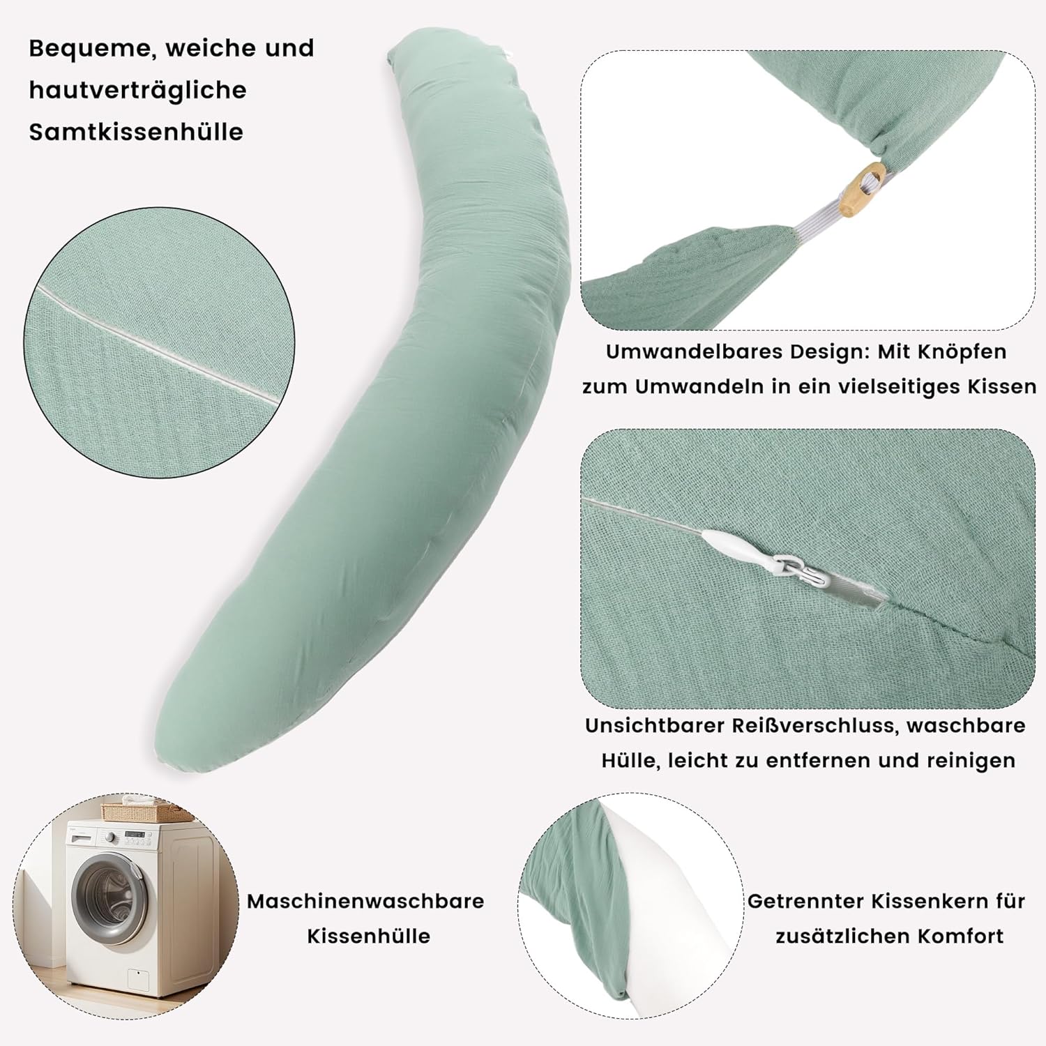 Thumbnail 4 de CALIYO Stillkissen XXL 190 × 32 cm – Seitenschläferkissen & Schwangerschaftskissen mit abnehmbarem, waschbarem Bezug (Hellgrün)