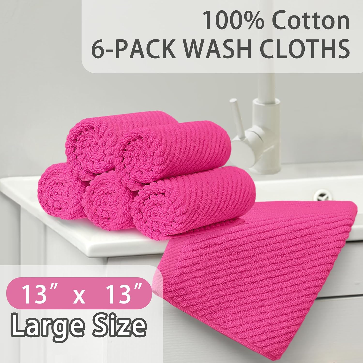 Detalle de VOOVA & MOVAS Hot Pink Washcloths (6PC, 13"x13") – 100% Cotton, Lightweight & Absorbent