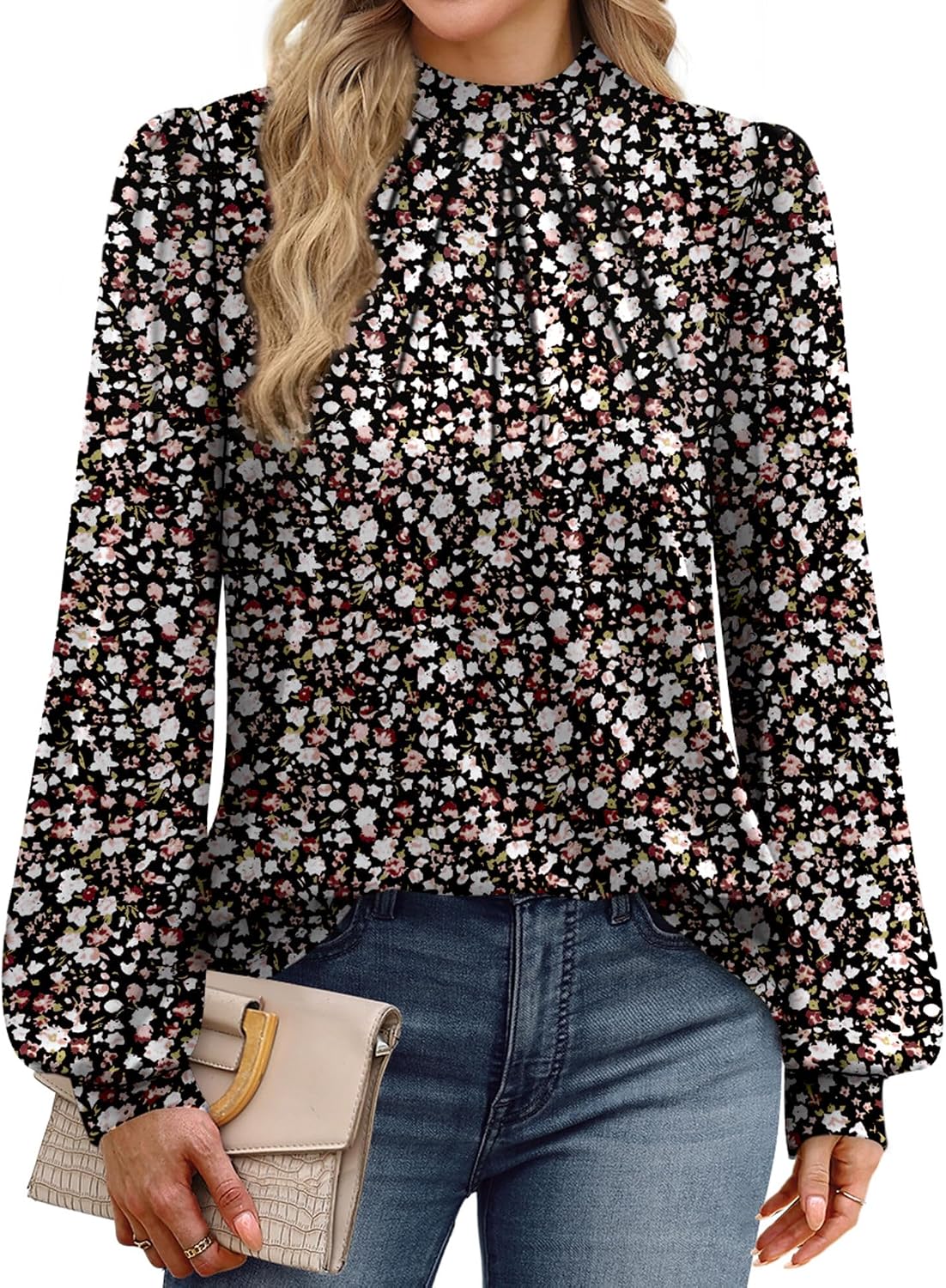 Detalle de WIHOLL Long Sleeve Shirt for Women with Mock Neck and Pleated Front