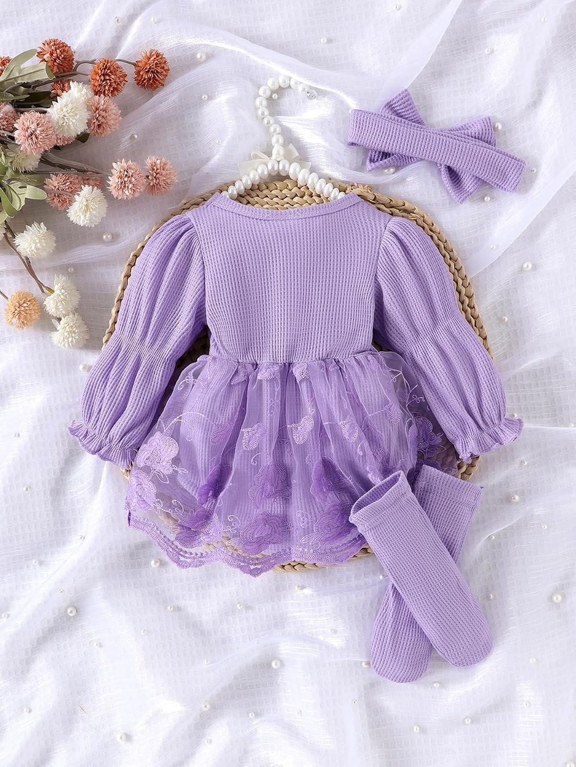 Thumbnail 6 de JiAmy 3-delige babyjurk met lange mouwen, tule en bijpassende accessoires