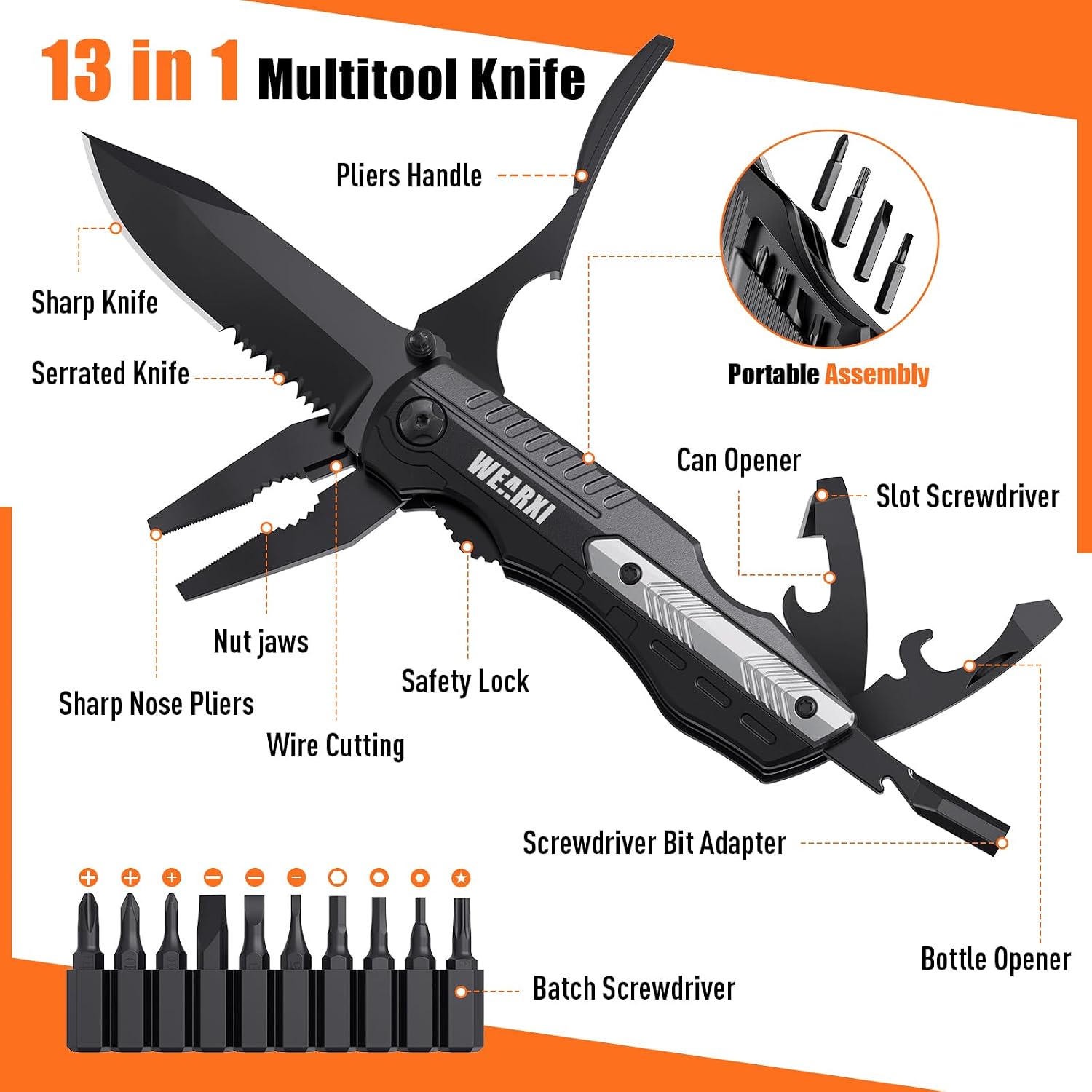 Detalle de WEARXI Pocket Knife Multitool, 13-in-1 Stainless Steel Camping Tool