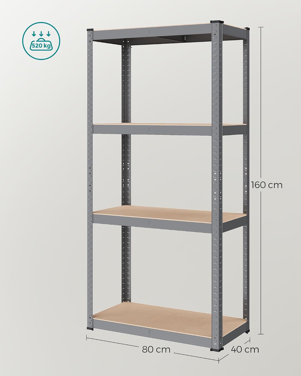 Detalle de SONGMICS GLR044G01 förvaringshylla, delbar med 4 hyllplan och 520 kg kapacitet