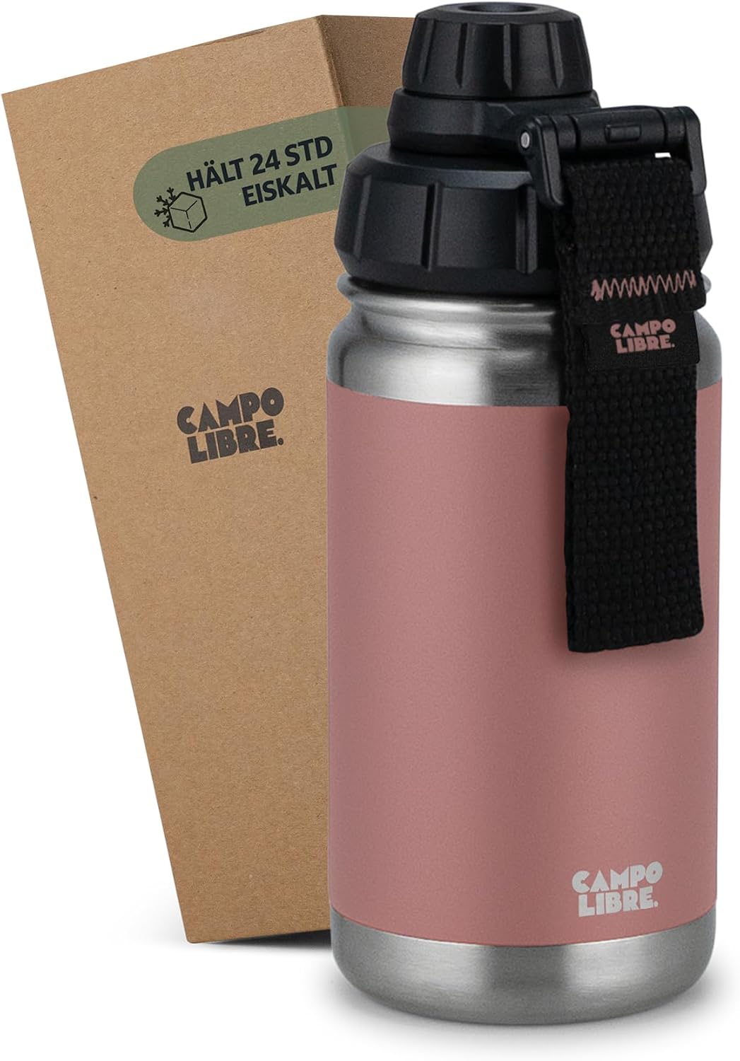 Detalle de Campo Libre. Premium Edelstahl Trinkflasche 400 ml – isolierter Thermobecher, 12h heiß/kalt, auslaufsicher