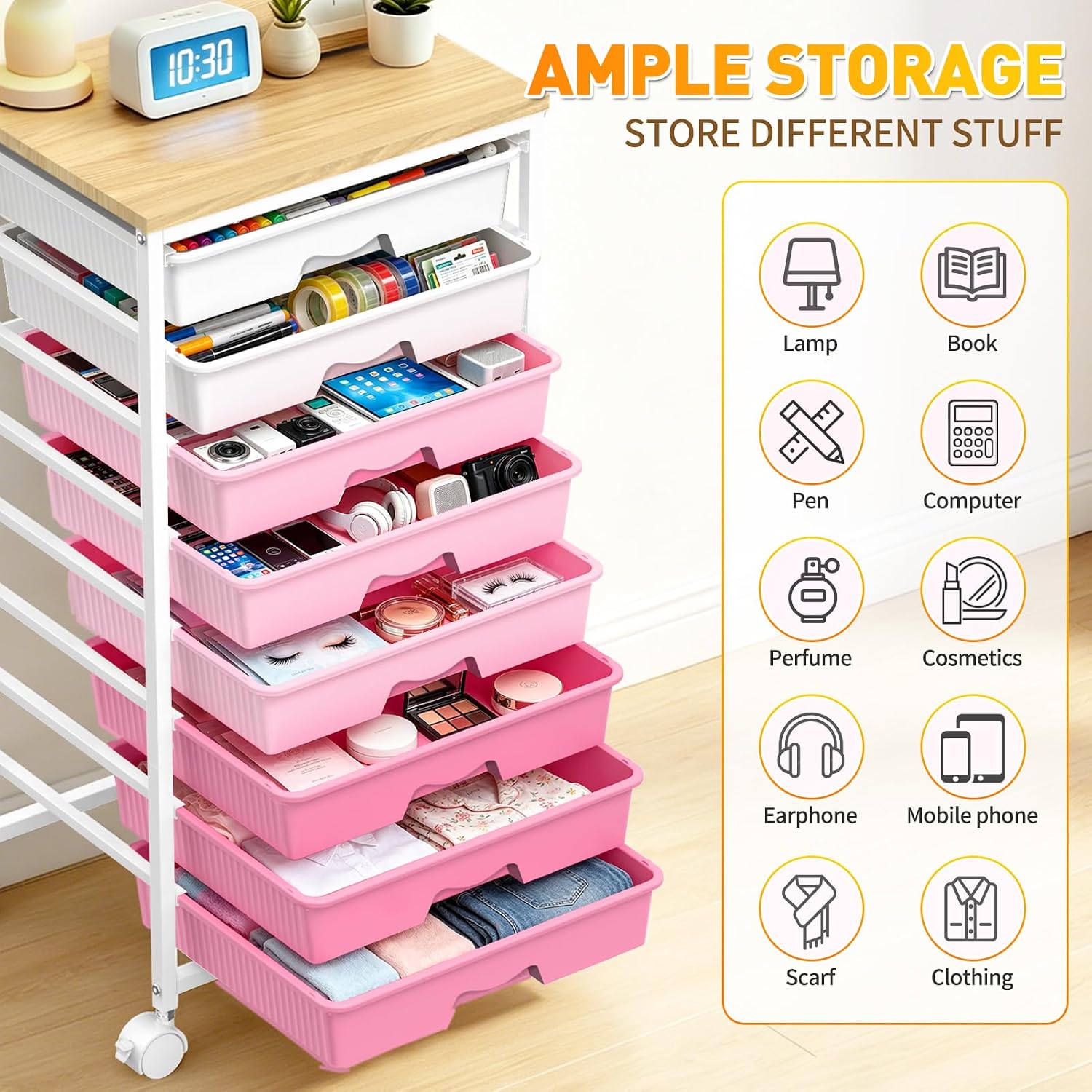 Thumbnail 6 de SUNALLY SN-SDC08PK 8-Drawer Rolling Storage Cart with Wood Top, Pink