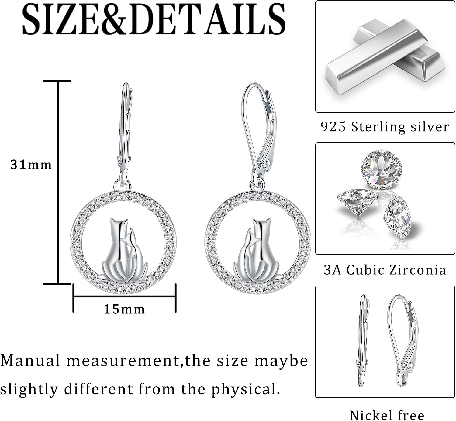Detalle de J.MUEN Ohrringe für Damen aus 925 Sterling Silber mit Katzen-Anhänger und Zirkonia (inkl. Geschenkbox)