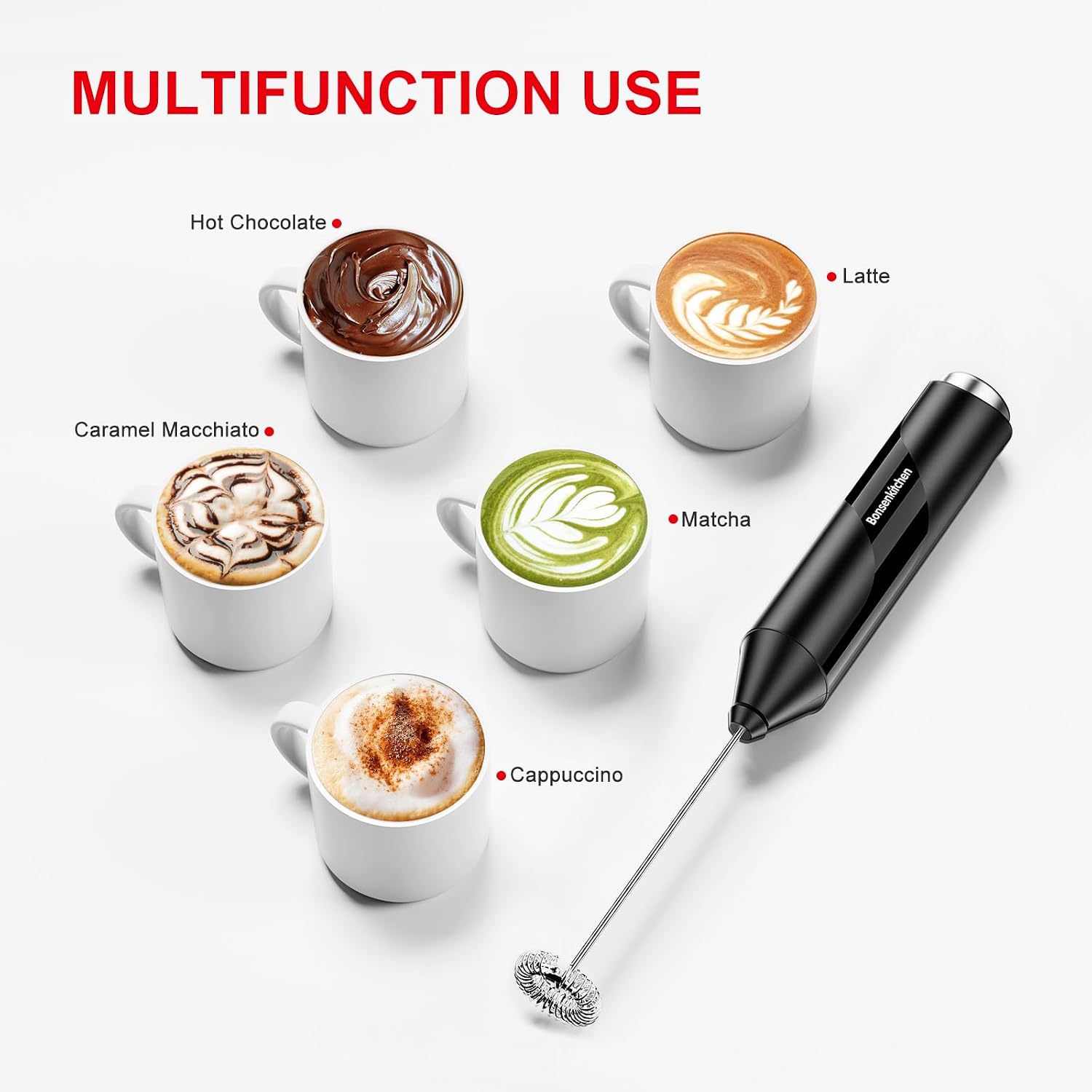 Detalle de Bonsenkitchen MF8712-V1 Handheld Milk Frother, Black with Stainless Steel Whisk